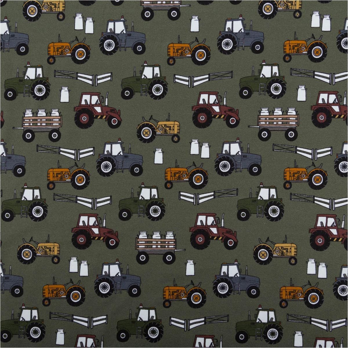 Swafing Stoff Jerseystoff Meterware Baumwolljersey Theo Traktor khaki grün bunt, allergikergeeignet