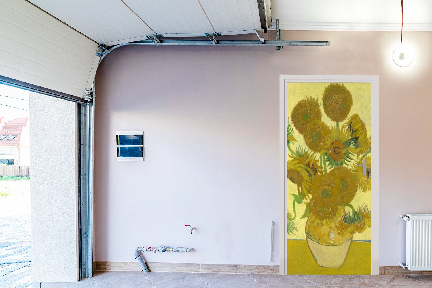 bedruckt, 75x205 cm Fototapete Gogh, - (1 Türaufkleber, MuchoWow Türtapete für Matt, Vincent Sonnenblumen Tür, van St),
