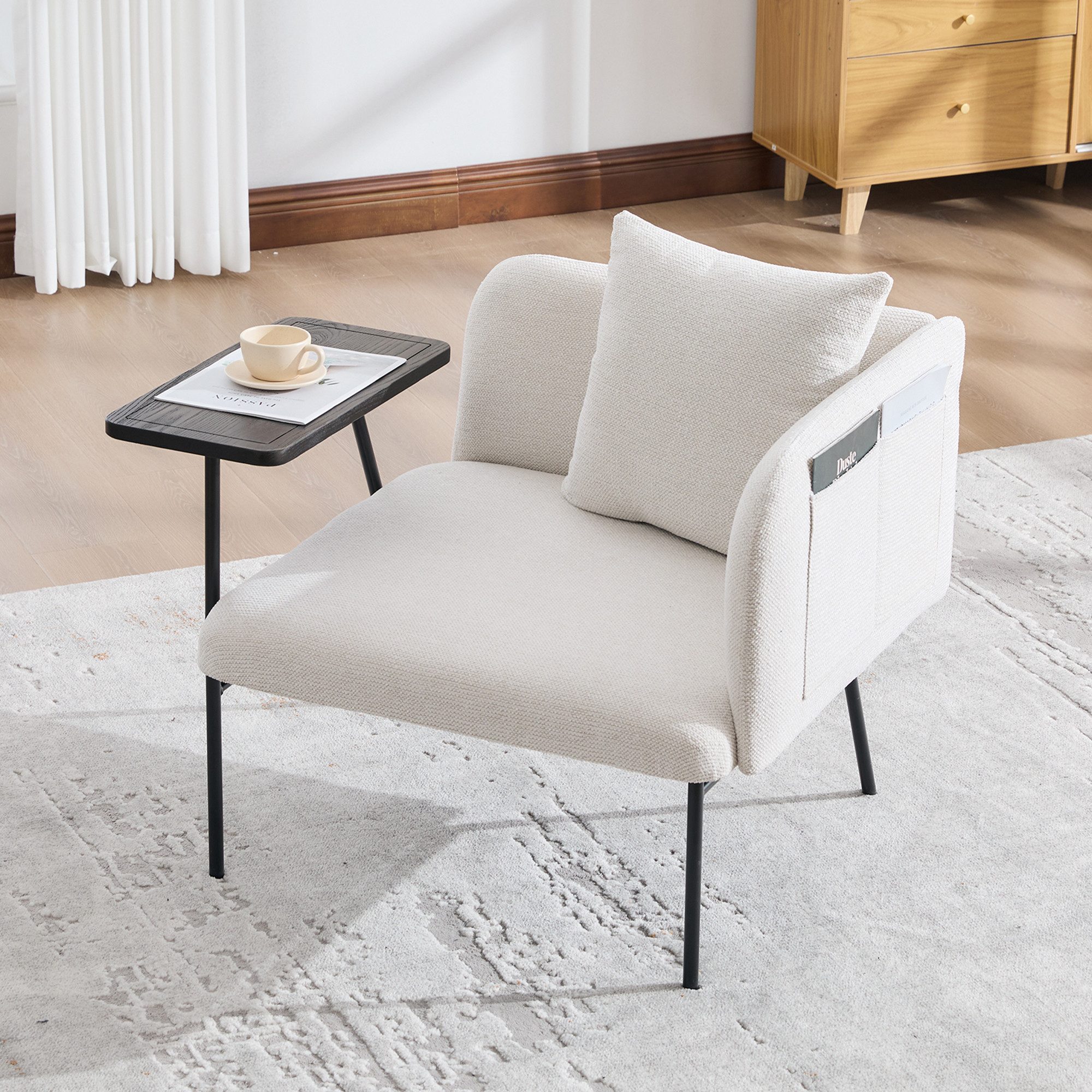 HAUSS SPOLE Relaxsessel mit zwei Seitentaschen,Einzelsessel mit Beistelltisch und Metallbeinen (Postersessel mit integriertem Ablagetisch und funktionaler Stauraumlösung im modernen Design für Wohnbereiche), Nordisch-minimalistische Formgebung