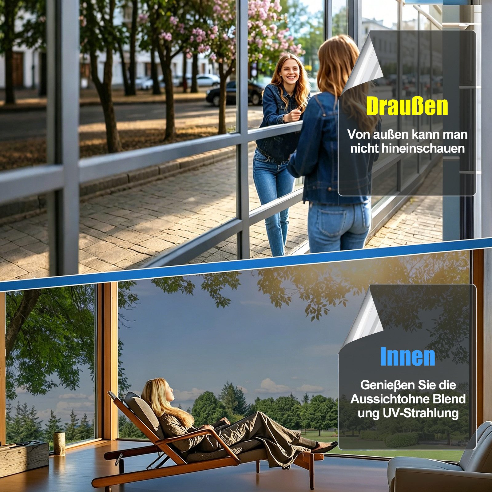 Bundviel Sonnenschutz-Fensterfolie UV-Schutz Blickdicht Sichtschutzfolie Spiegelfolie Fensterfolie, Ganzjährig – Bild 5 von 5