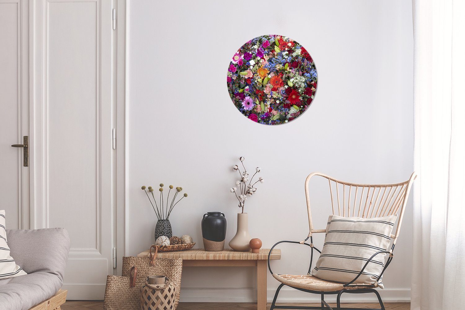 Ein Kreis Design MuchoWow mit St), (1 Wanddekoration cm Wohnzimmer, leuchtenden florales Rundes Wandbild, Farben, Gemälde Forex, 30x30