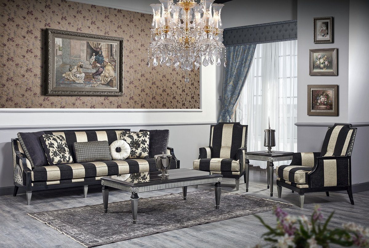 Casa Padrino Schwarz Barock - Couchtisch Sessel Beistelltisch / Set & Gold 1 1 / Barockmöbel 2 Silber & 1 Couchtisch Sofa - & Luxus