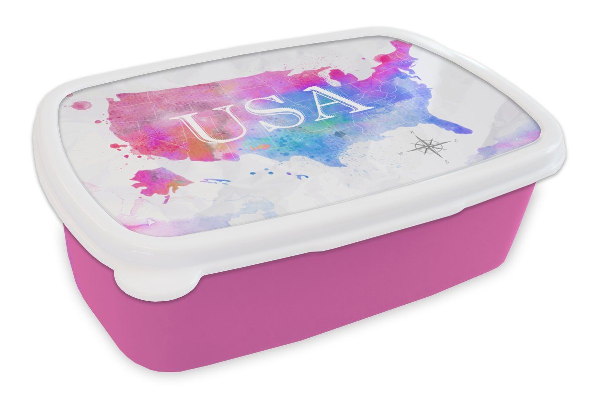 MuchoWow Lunchbox Weltkarte - Aquarell - Vereinigte Staaten, Kunststoff, (2-tlg), Brotbox für Erwachsene, Brotdose Kinder, Snackbox, Mädchen, Kunststoff rosa