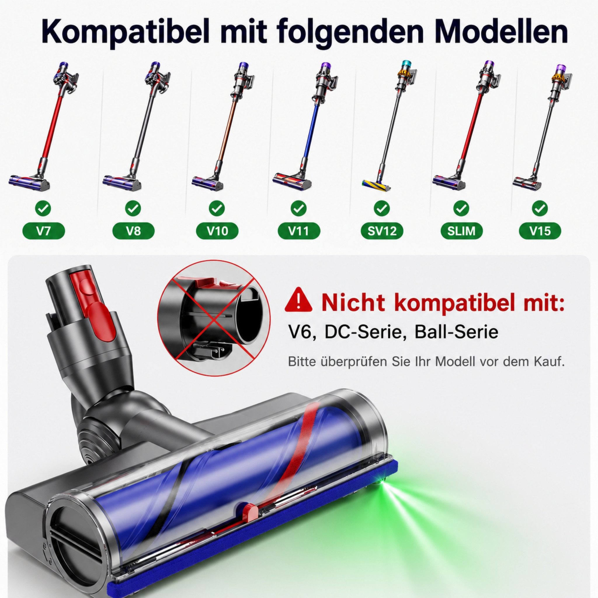 Blossom Staubsaugerdüsen-Set Turbodüse Softroller Bodendüse Elektrischer Bürstenkopf, Zubehör für Dyson V10, Dyson V11, Dyson SV12, Dyson SLIM, Dyson V15, Dyson V8, Dyson V7, (1-tlg), Staubsaugerkopf Hartholzbodenaufsatz für Dyson Staubsauger