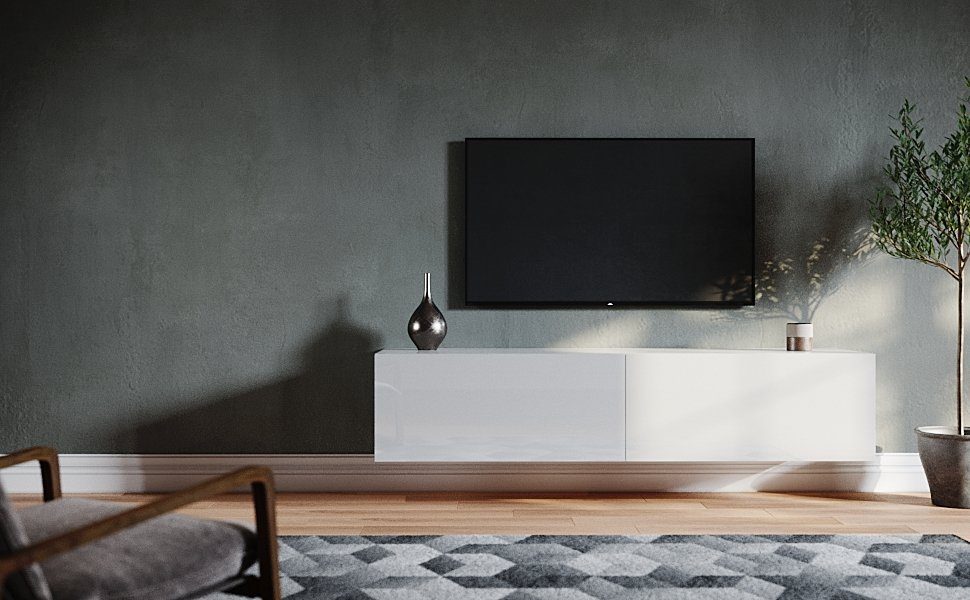 SONNI Sideboard TV Lowboard Schränke hängend 140x40x30cm Weiß Hochglanz – Bild 2 von 5
