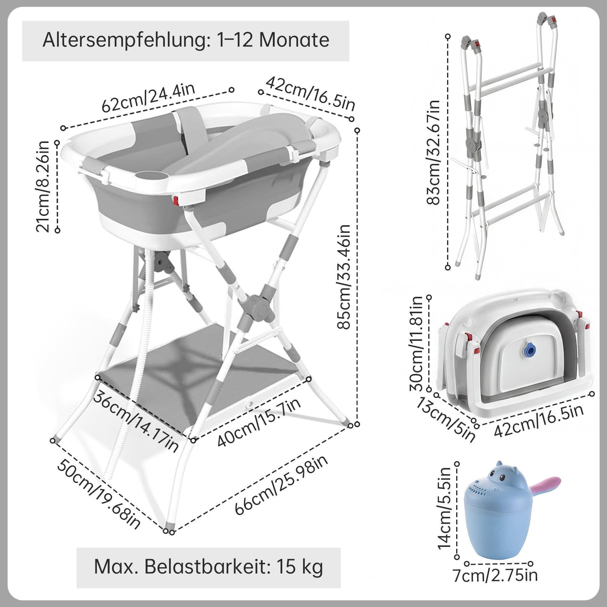 SEHAUSEU Babybadewanne Babywanne Badewanne mit Gestell faltbar, mit Thermometer, mit Abflussschlauch, Badeauflage, Ablagebrett, Haarwaschbecher