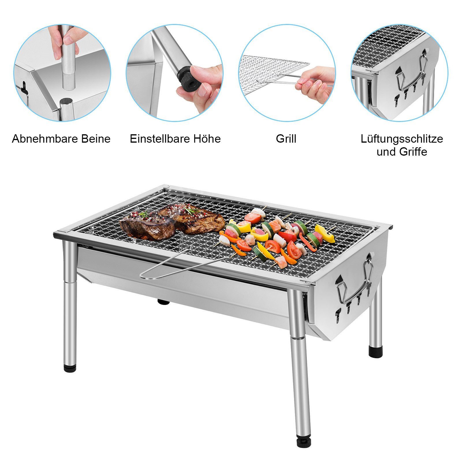 SunJas Holzkohlegrill Edelstahl Holzkohlegrill Campinggrill, Tragbarer Klappgrill Tischgrill, Mini BBQ Grill für Picknick Camping, Grillfläche 40x27cm für 3-5 Personen