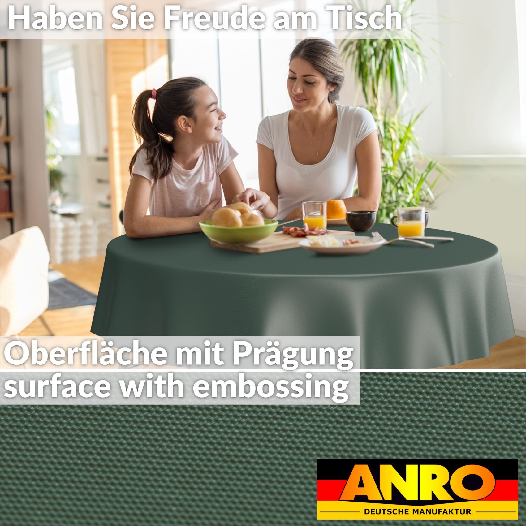 ANRO Tischdecke Wachstuchtischdecke abwaschbar UNI auch als Gartentischdecke (Einzelstück 1-tlg), wasserabweisend pflegeleicht Textil-Optik Grün Rund 120cm