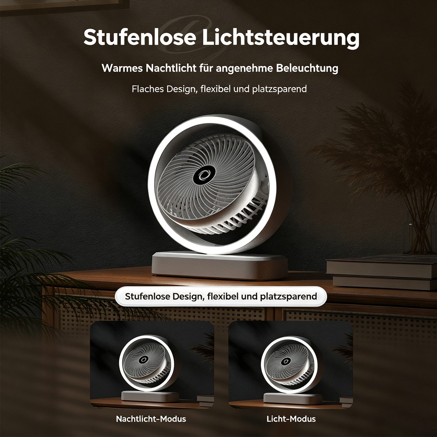 MOPUEA Tischventilator USB Tischventilator mit Nachtlicht, 270 Automatische Schwenkfunktion, 3 Stufen, Leiser Betrieb, für Schlafzimmer, Wohnheim und Büro