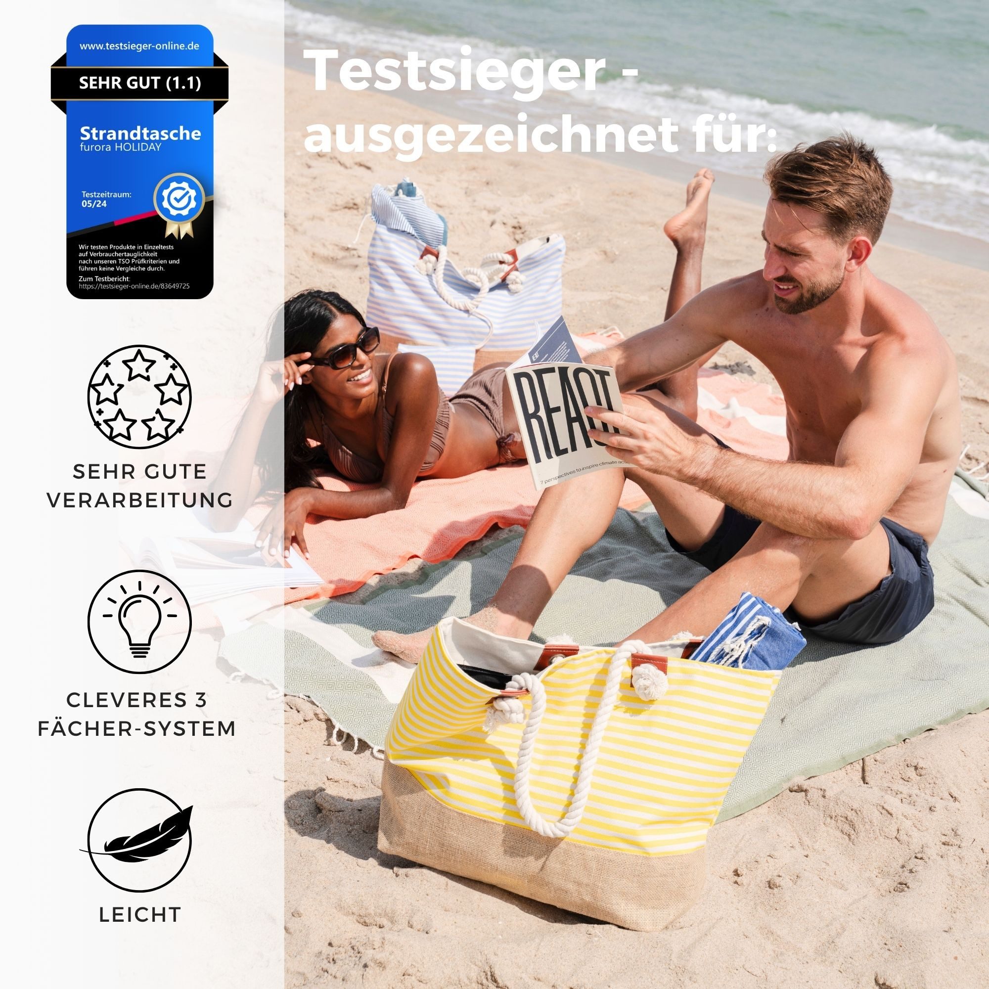 furora HOLIDAY Strandtasche Badetasche mit Reißverschluss & 2x Innentaschen, Beach Bag XXL