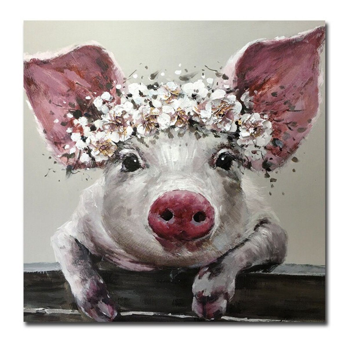 TPFLiving Kunstdruck (OHNE RAHMEN) Poster - Leinwand - Wandbild, Nettes Schwein mit Blumen auf dem Kopf (Verschiedene Größen), Farben: Leinwand bunt - Größe: 40x40cm