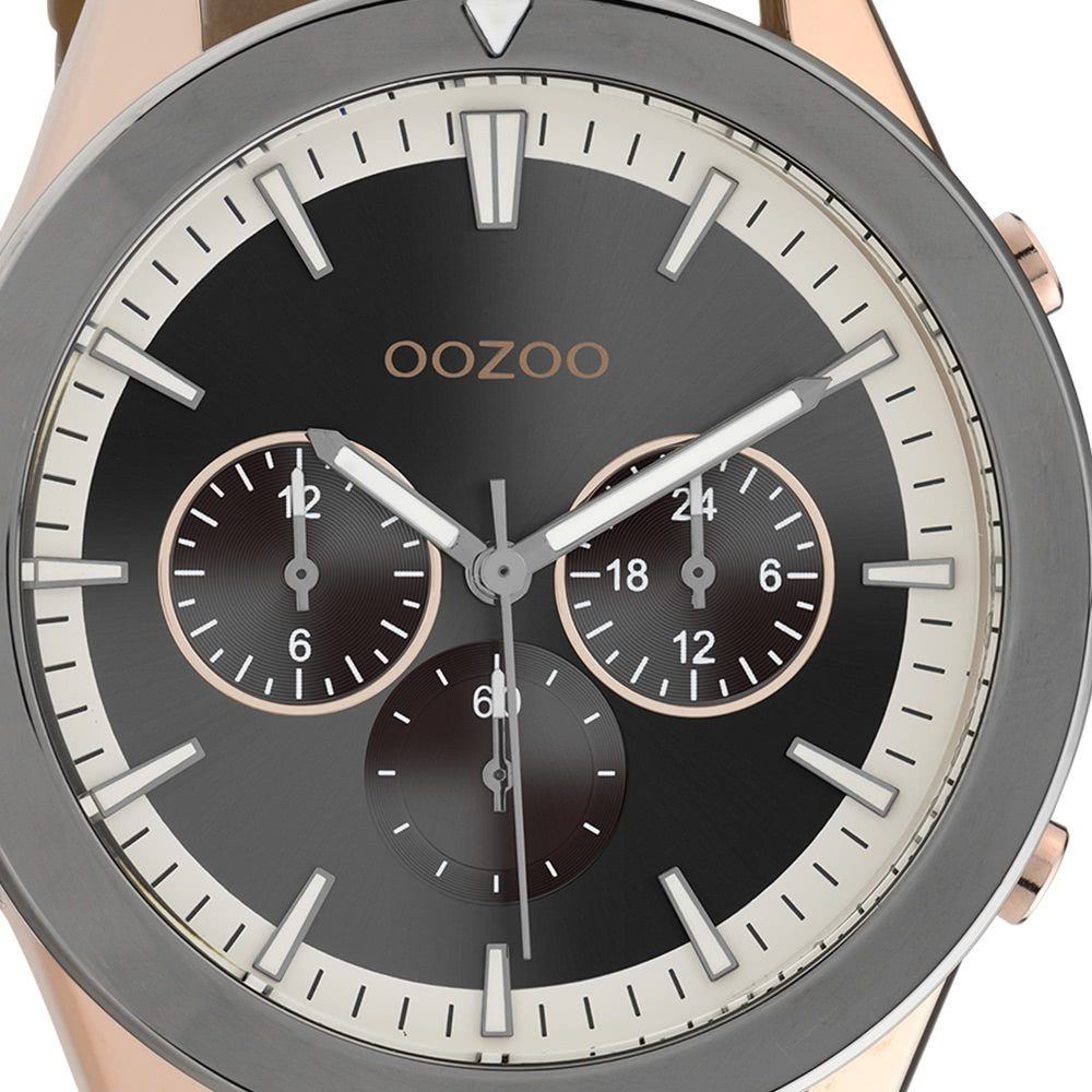Sport-Style, Armbanduhr groß Herren Oozoo (ca. 45mm) rund, silberne braun Lederarmband, Herrenuhr Zeiger OOZOO Analog, Quarzuhr