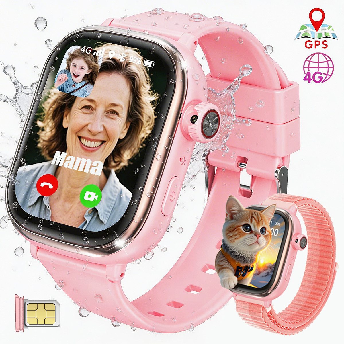 Vashoy 2026 T86Smartwatch Kinder mit GPS Ortung & SIM-Karte Smartwatch (5 cm/2 Zoll, Android/4G (LTE) Set, 5-tlg., AMOLED-Display, Schwenkbare HD-Kamera, Schulmodus, schmaler Rand, GPS Tracker Kinder,SOS, Auflösung 368 × 448,Ein Geschenk für das Kind