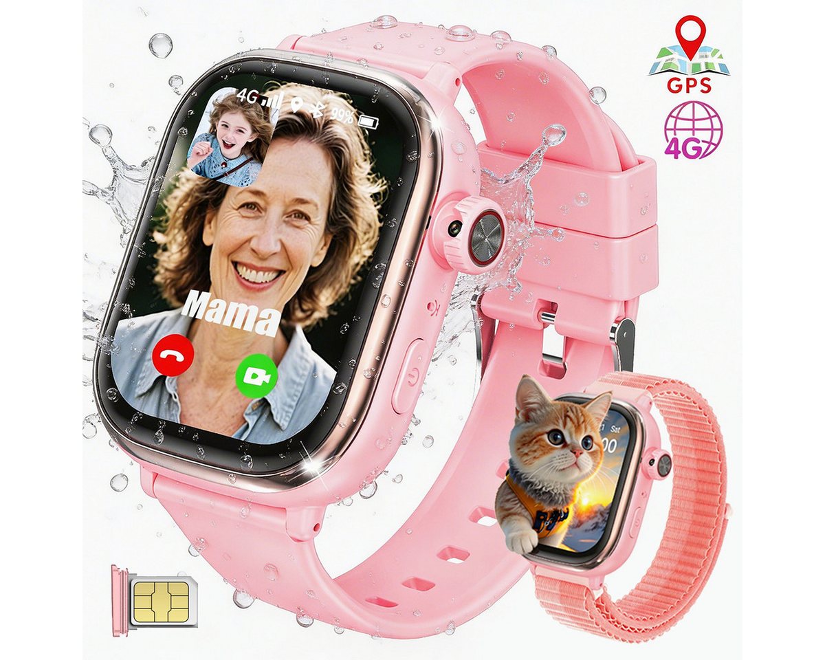 Vashoy 2026 T86 Smartwatch Kinder mit GPS Ortung kinderuhr & SIM-Karte Smartwatch (5 cm/2 Zoll, Android/4G (LTE) Mit App-Download-Funktion, 5-tlg., AMOLED-Display, Schulmodus, Schwenkbare HD-Kamera, schmaler Rand, GPS Tracker Kinder,SOS, Auflösung 368 × 4