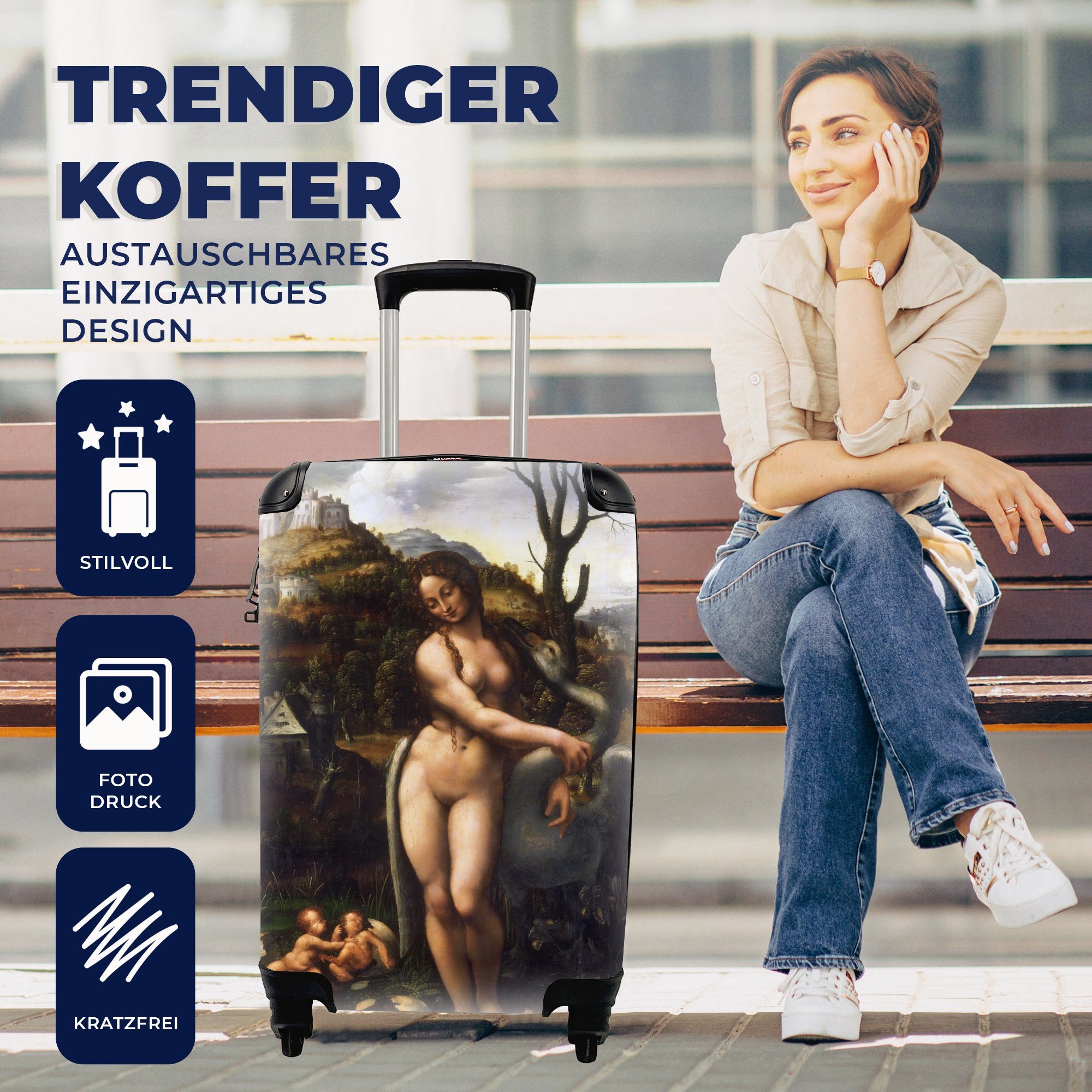 für - Leda und Rollen, da mit MuchoWow Handgepäckkoffer 4 Schwan Reisetasche Vinci, der Ferien, Trolley, Handgepäck Leonardo rollen, Reisekoffer