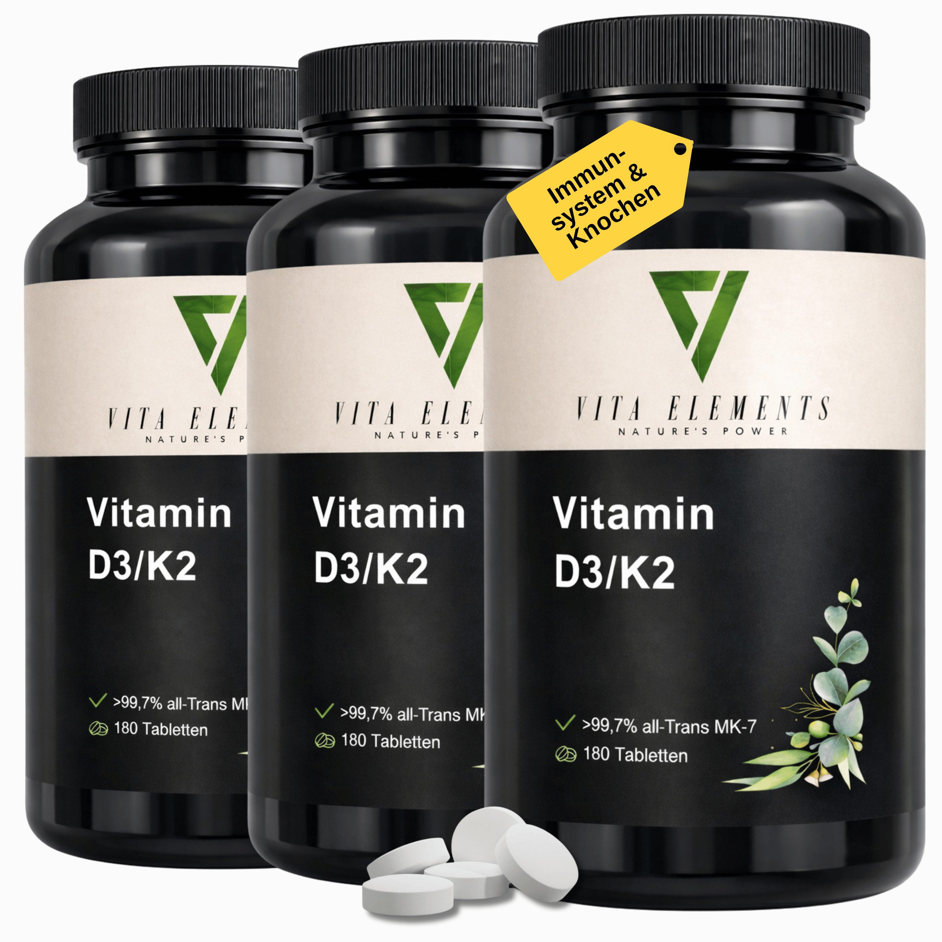 Vita Elements 3er Set Vitamin D3/K2 Tabletten, 540 Stk. Frei von Gentechnik Ohne unnötige Zusätze Laborgeprüft