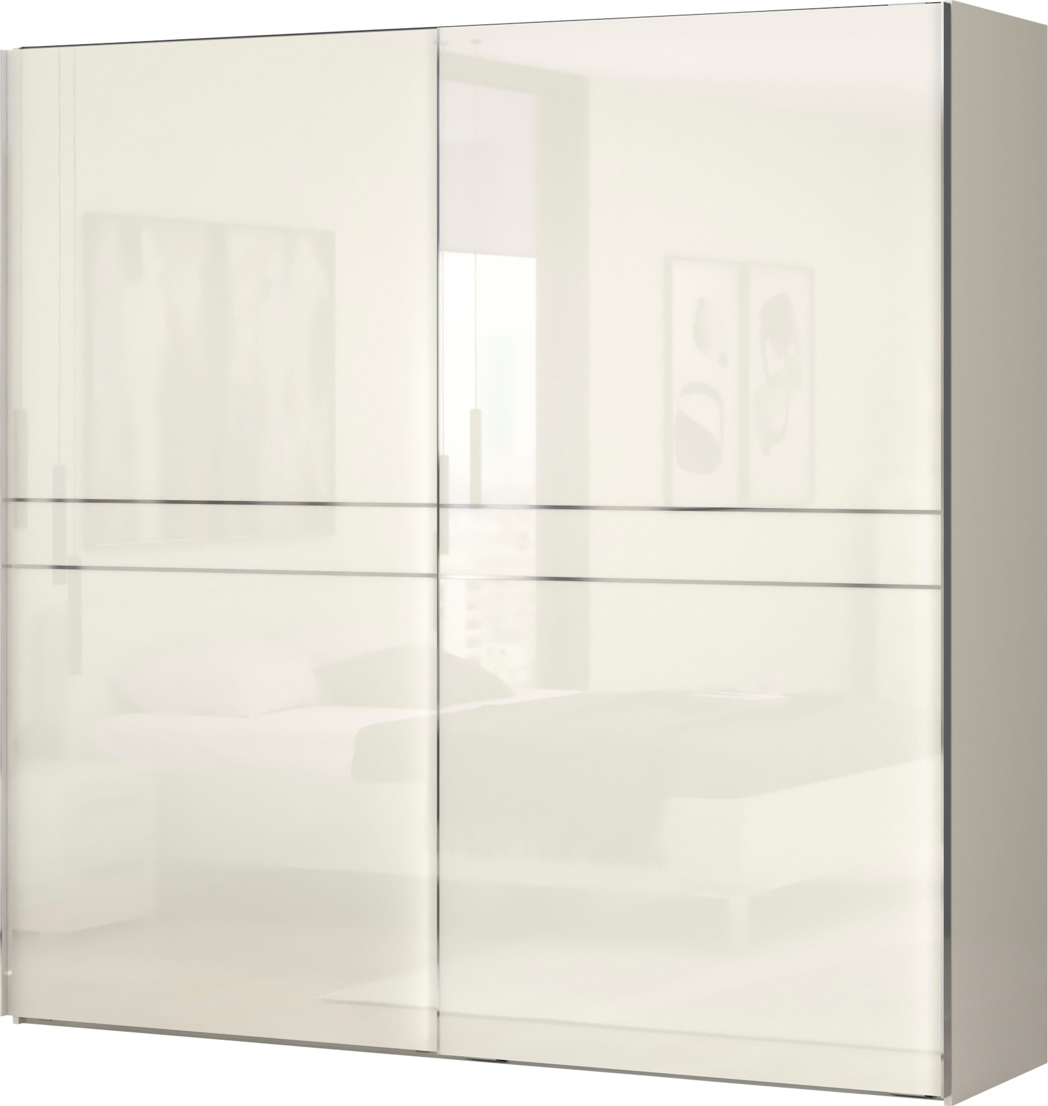 OTTO home Schwebetürenschrank Piano, FSC-zertifiziert, mit Einlegeböden und Kleiderstangen (in 3 Breiten, 224cm hoch, mit verchromten Aufleistungen) UV lackiert, hochglänzend, mit Soft-Close Funktion, in beige oder weiß