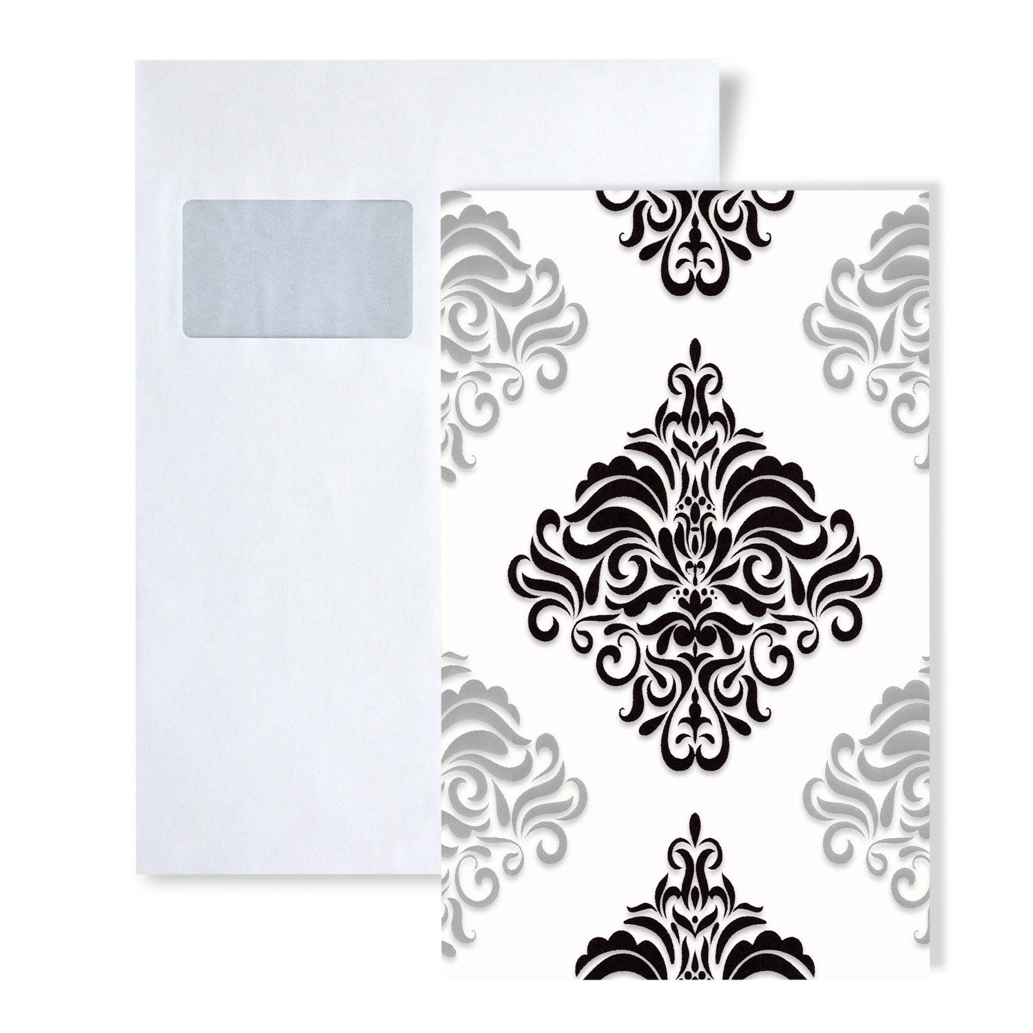 Edem Papiertapete 1 MUSTERSTÜCK S-85024BR20 DIN A4 MUSTER der Barock Tapete, Metall-Effekte, ornamental, Barock-Style, (1 Musterblatt, ca. A5-A4), weiß, schwarz, silber