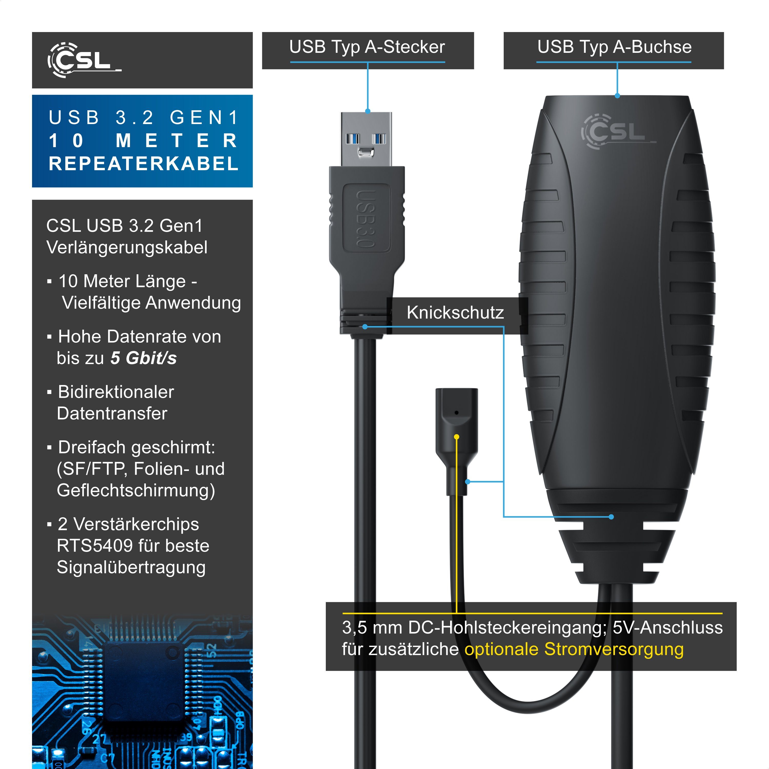 CSL USB 3.2 Gen 1 Repeaterkabel Verlängerung aktiv Gen1, Repeater - 10m Verlängerungskabel, USB Typ A, (1000 cm), Repeater Verlängerung Verstärker Kabel für Drucker Tastatur Scanner