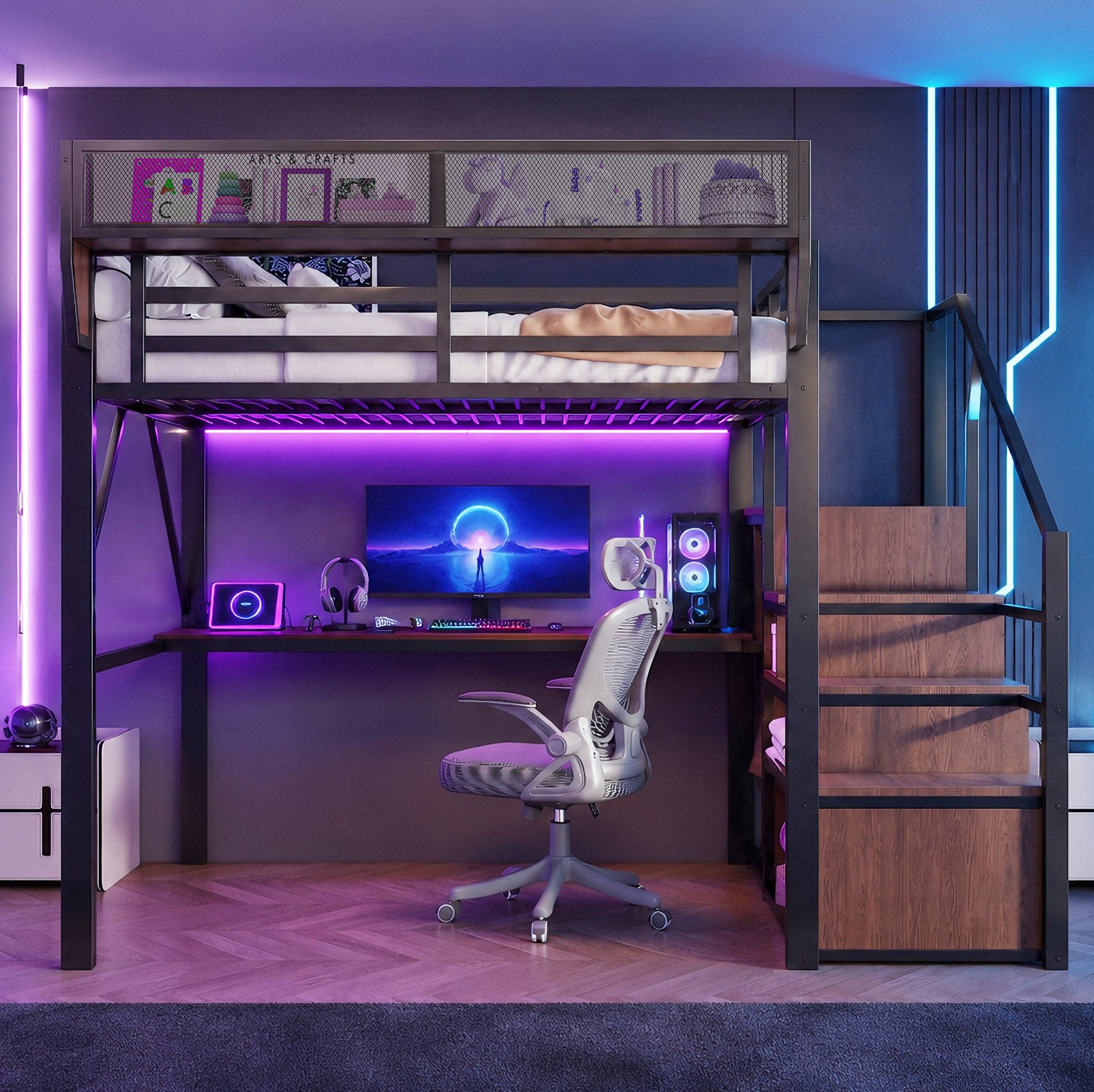 MODFU Hochbett mit integriertem Schreibtisch, Metallbett Jugendbett (LED-Beleuchtung und flexiblem Regal, 140x200 cm multifunktionales Loftbett) Kinderbett für Jugendzimmer, Bürobereich, ohne Matratze