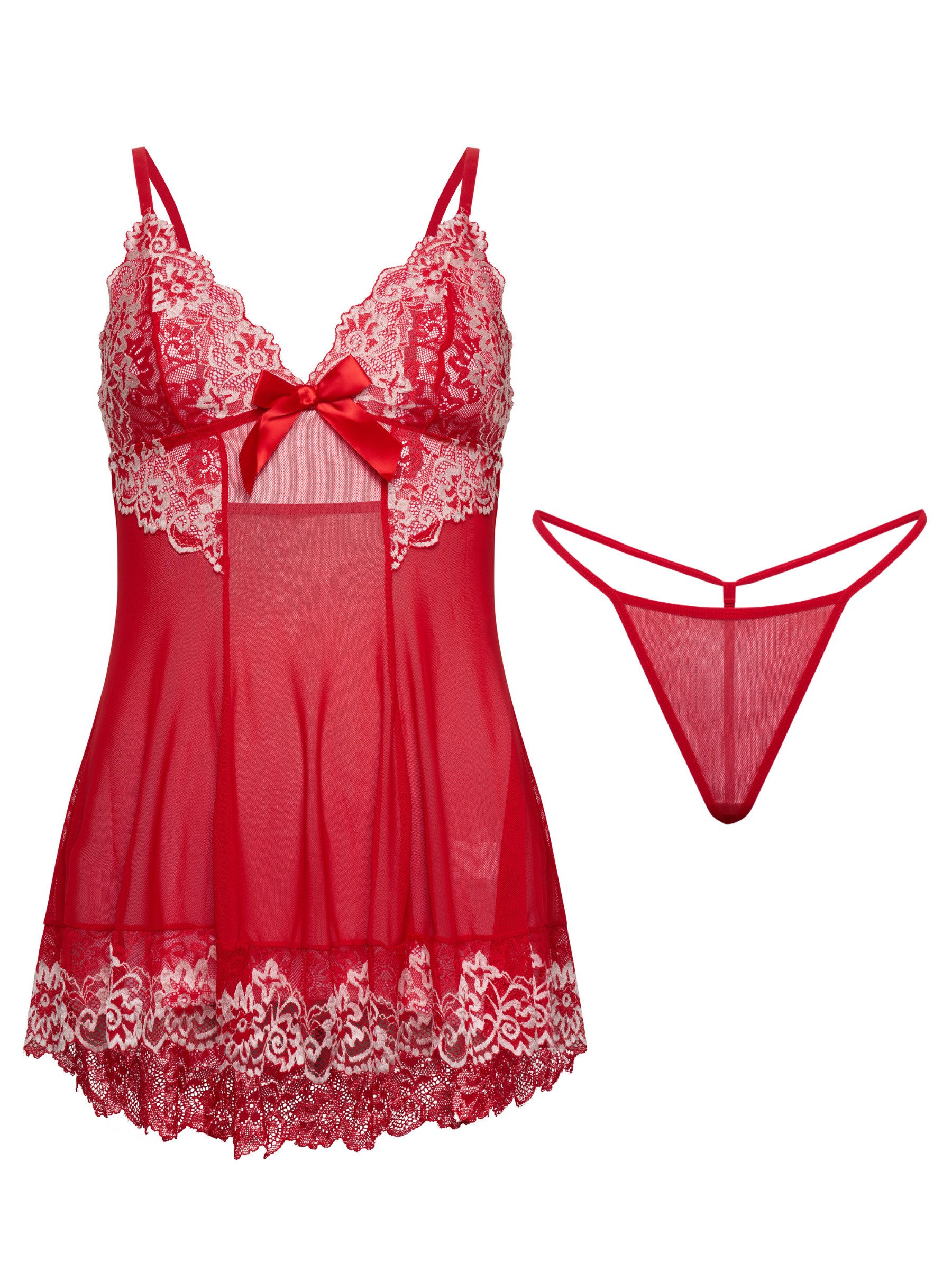 Elegant Love Schlafanzug Rückenfreies Negligé mit Blumenstickerei – Dessous-Set mit G-String (Set, 2 tlg., mit String) Sexy Babydoll mit V-Ausschnitt – Nachtwäsche mit Spitze und Tanga