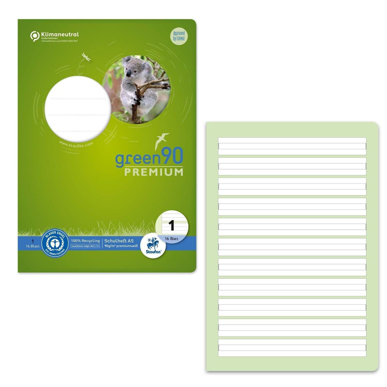 Schulheft STAUFEN Green Schulheft Lin1 A5 16 Blatt 90g/qm 5/5/5mm liniert farbig