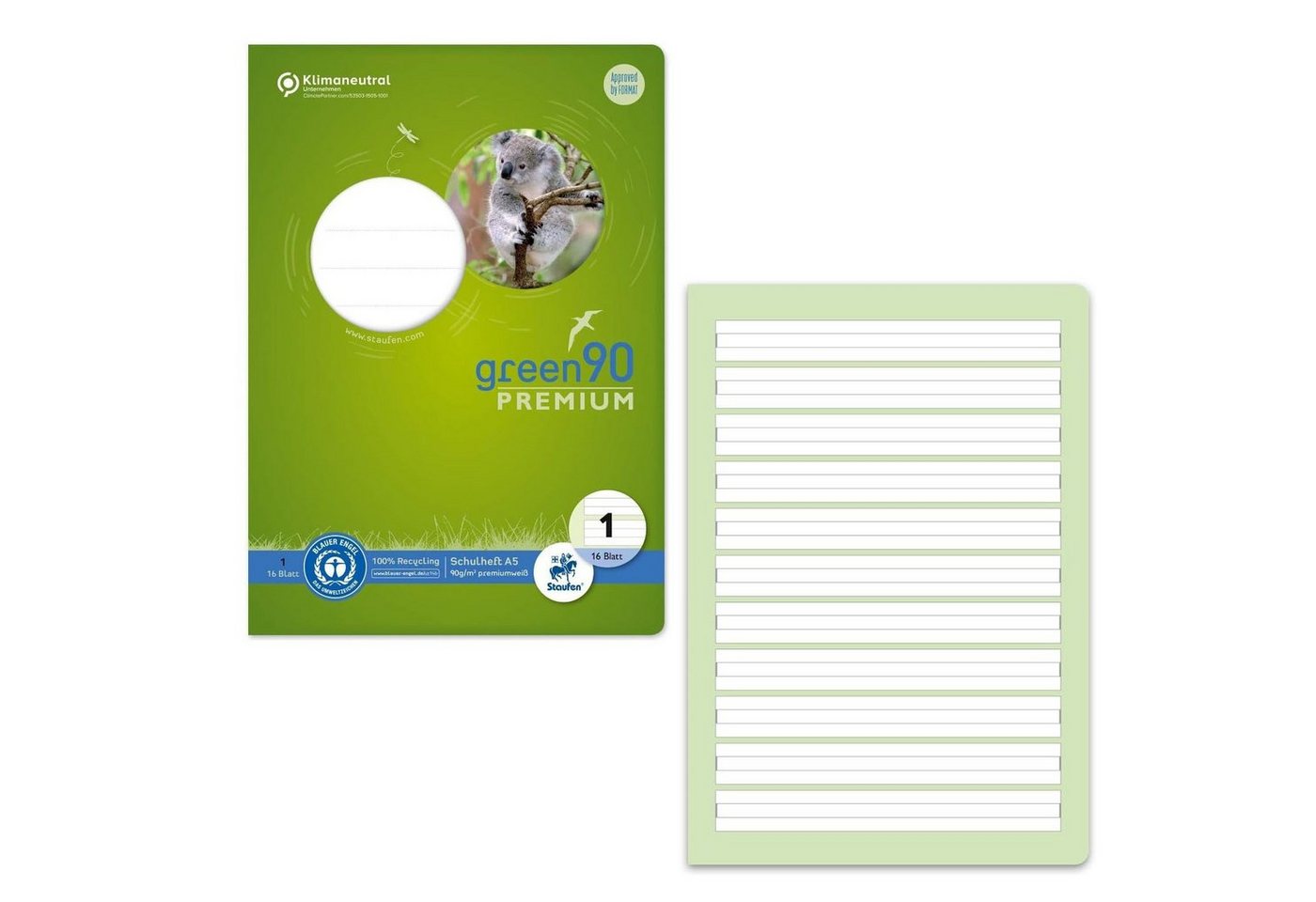 Staufen Schulheft STAUFEN Green Schulheft Lin1 A5 16 Blatt 90g/qm 5/5/5mm liniert farbig