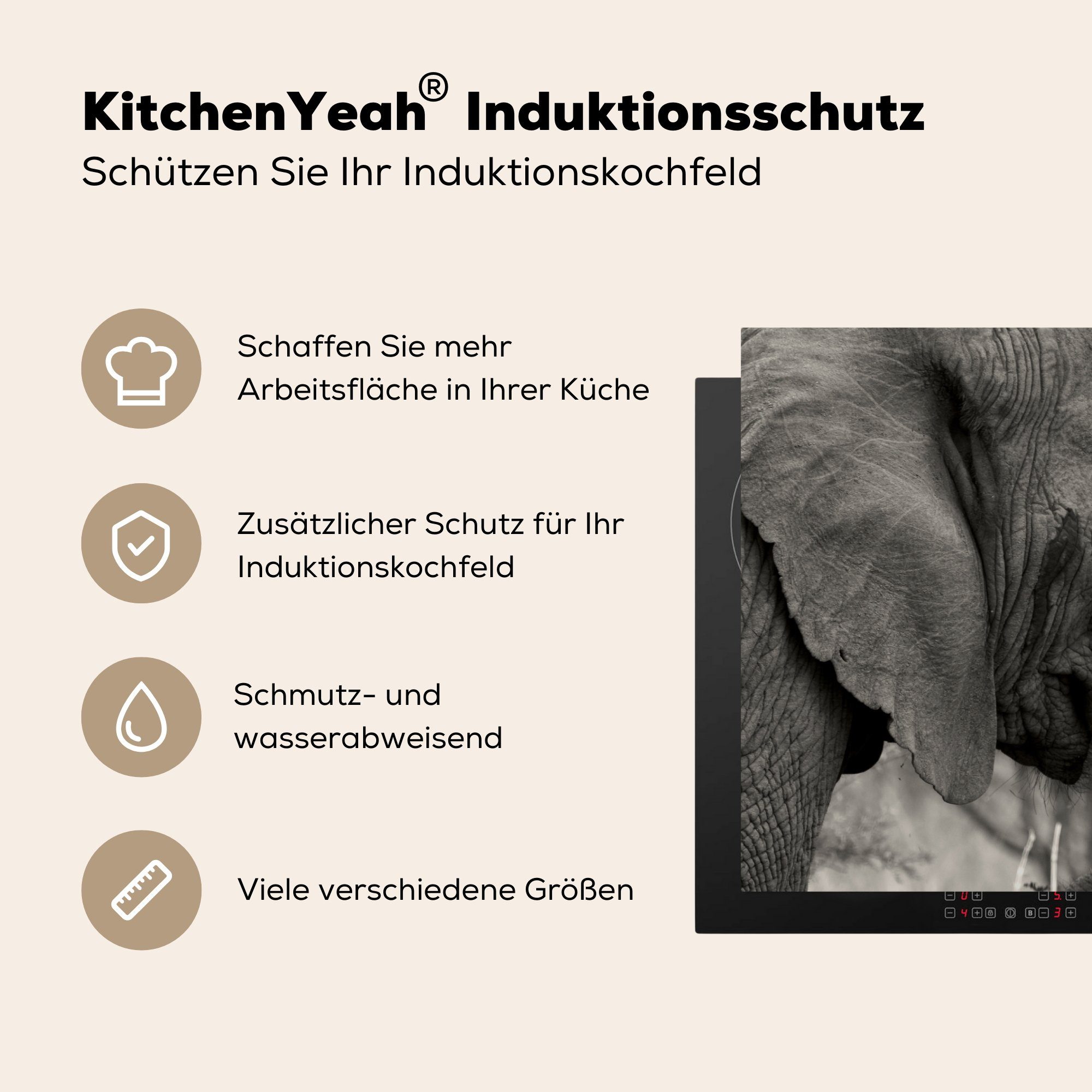 MuchoWow Herdblende-/Abdeckplatte Elefant - (1 Schwarz - Weiß, Tiere cm, - Ceranfeldabdeckung Induktionskochfeld Vinyl, tlg), küche, die 81x52 Schutz für