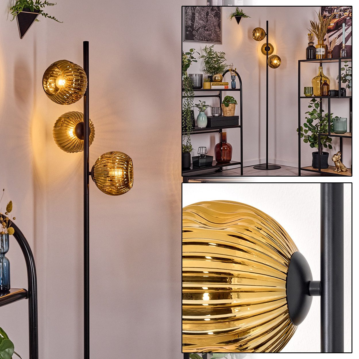 Stehlampe Stehlampe aus Metall/Riffelglas in Schwarz/Gold