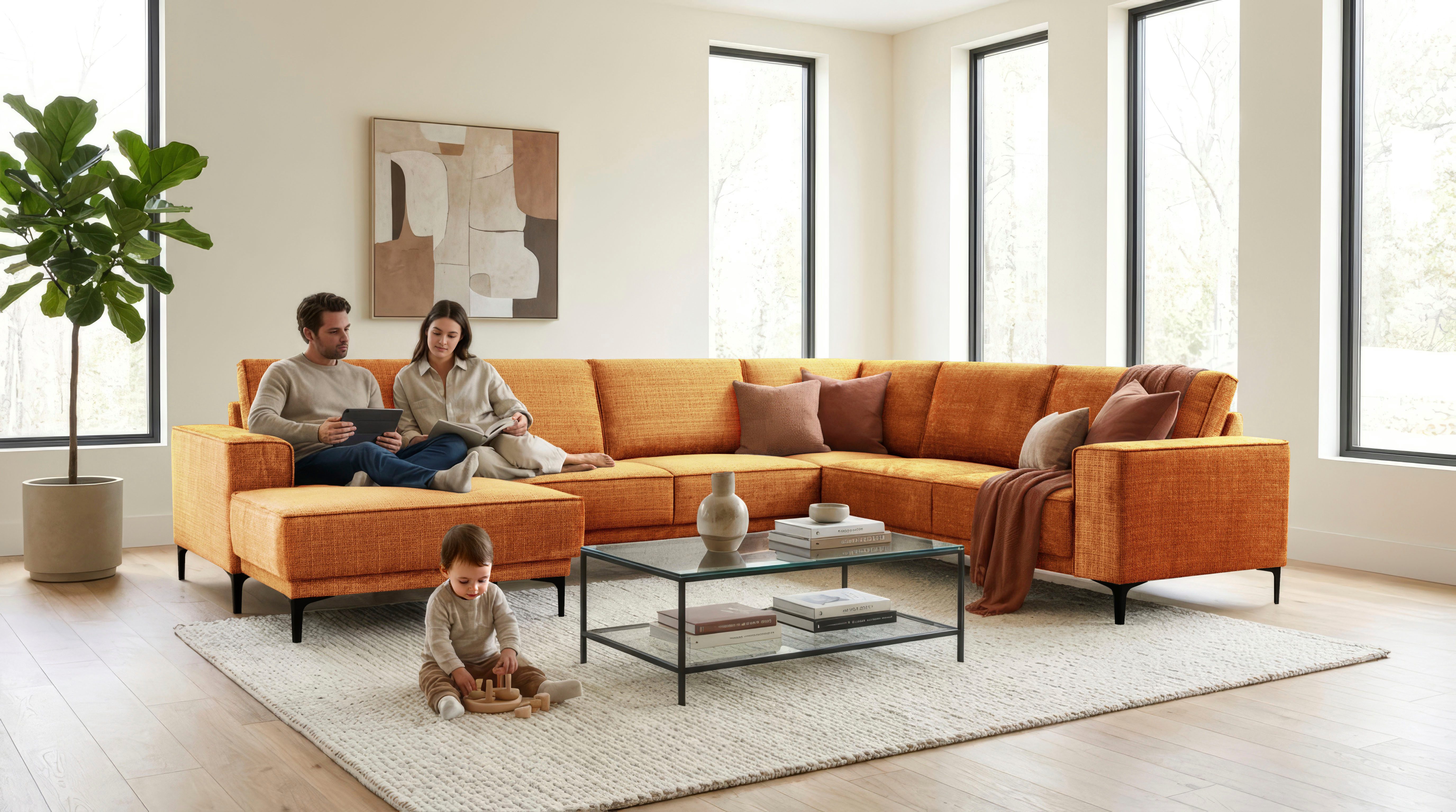 OTTO home Wohnlandschaft OLAND U-Form, XXL, B: 342 cm, Skandi-Design, Skandi-Design in Struktur, Flachgewebe, Luxus-Microfaser, Boucle