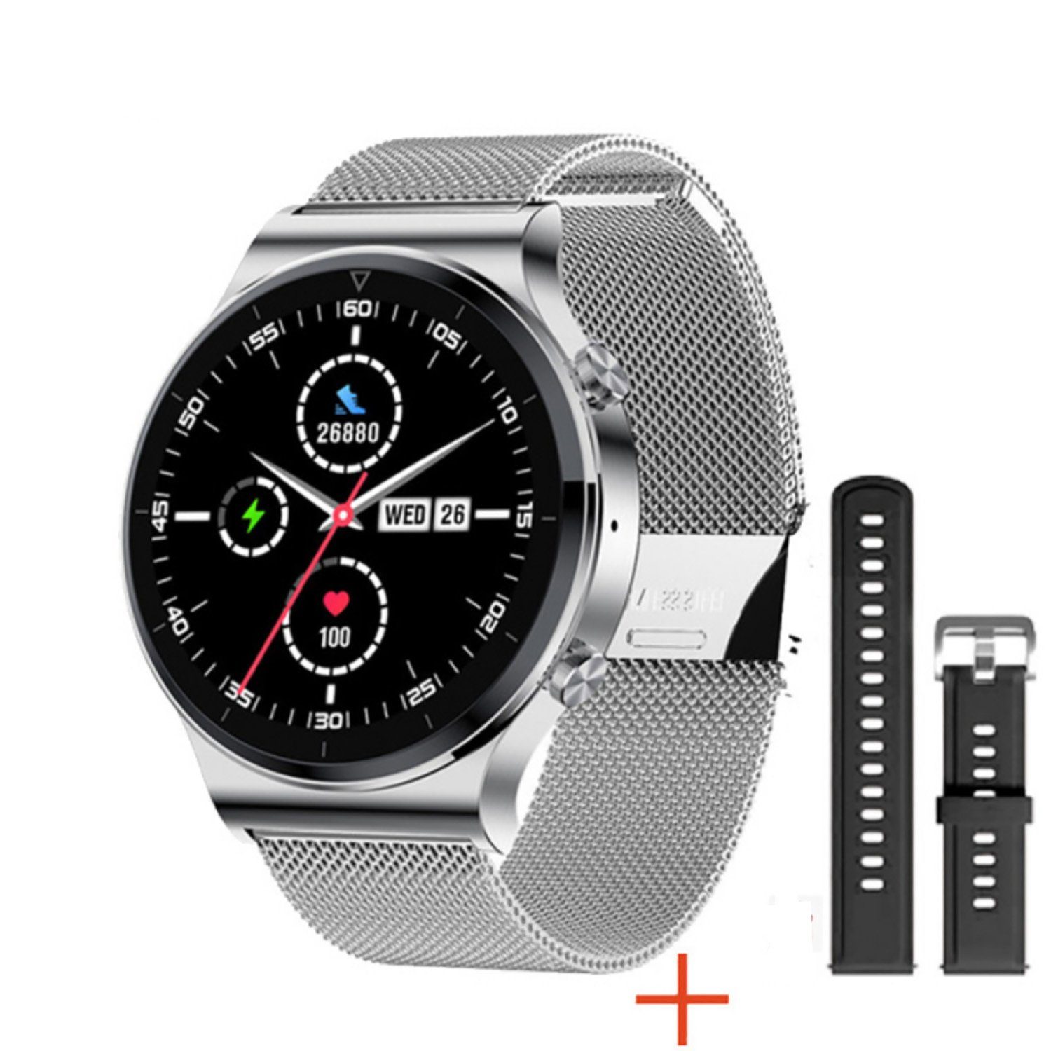 TPFNet SW22 mit Milanaise Armband für Damen - individuelles Display Smartwatch (Android), Armbanduhr mit Musiksteuerung, Herzfrequenz, Schrittzähler, Kalorien, Social Media etc. Silber