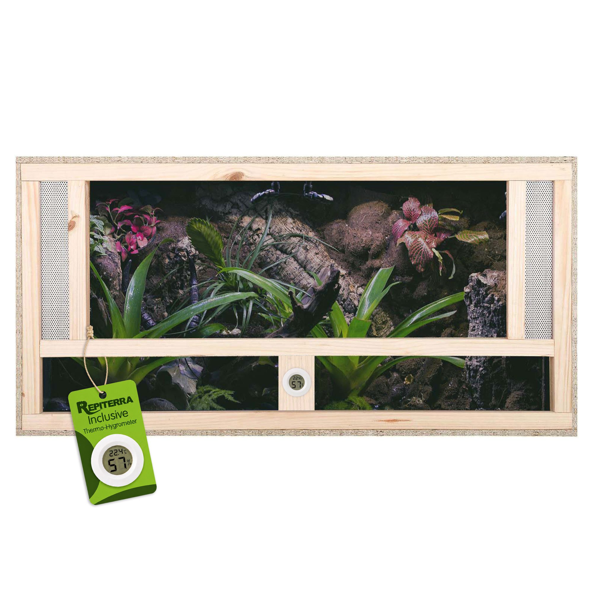Repiterra Terrarium Holzterrarium mit Glasfront 100x60x60 cm mit Frontbelüftung hochwertig, inklusive Thermo-Hygrometer - Reptilien Amphibien