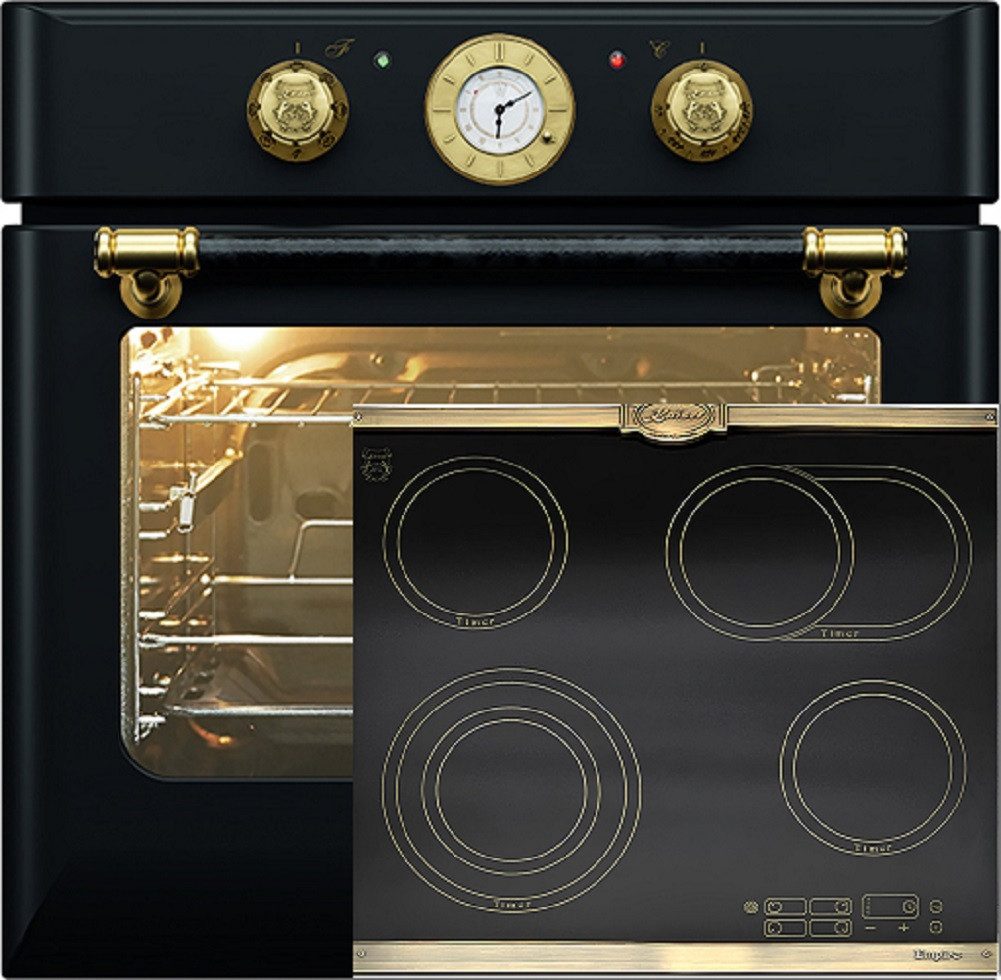 Kaiser Küchengeräte Backofen-Set Herd Set Autark Retro Einbau Backofen Elektro, 68 L mit Glaskeramik Kochfeld 60 cm Einbau Herd 4 QuickHeat-Kochzonen Hi-Light Schwarz EH 6432 BE +KCT 6185 Em,.,., mit 1-fach-Teleskopauszug
