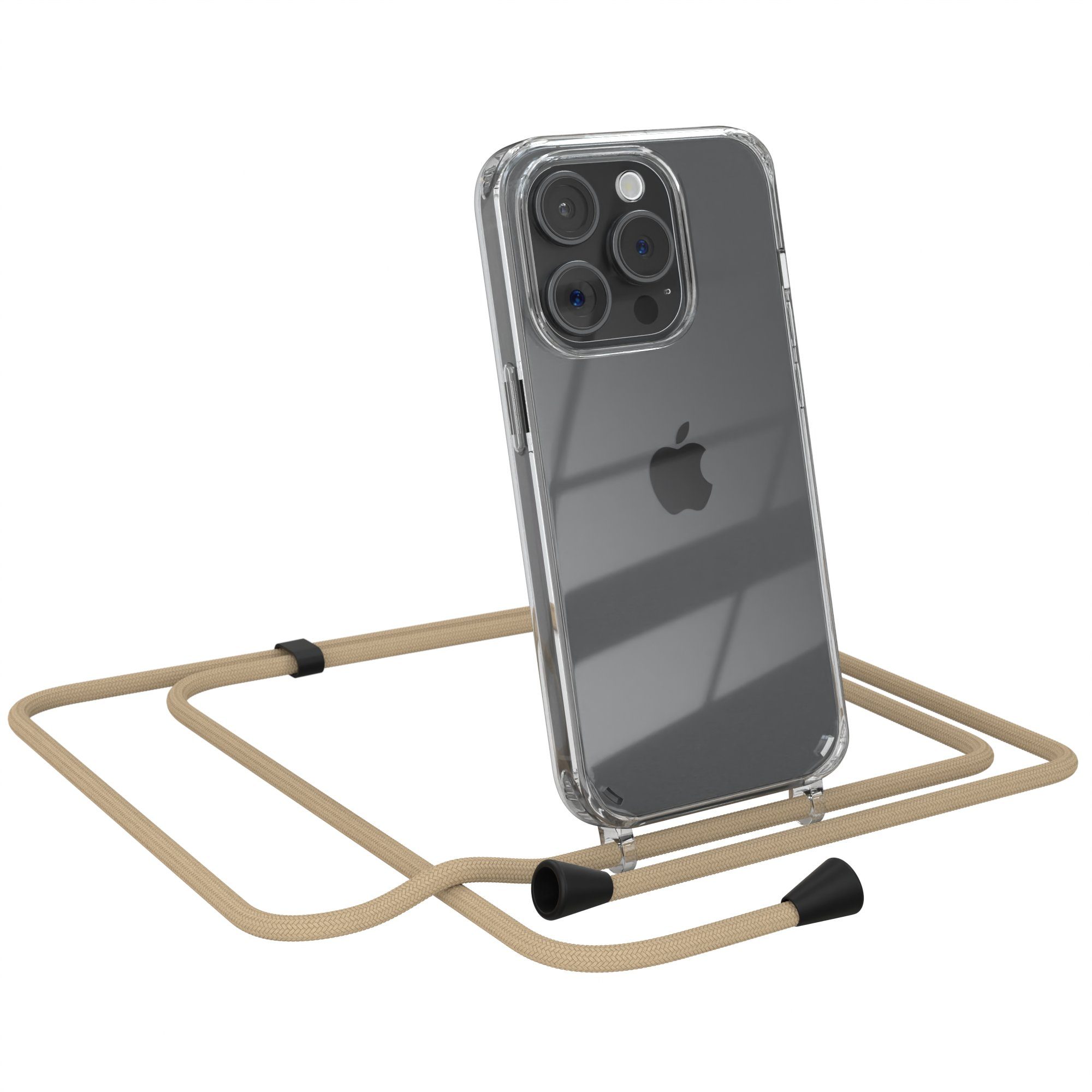 EAZY CASE Handykette mit-/ohne Magsafe Hülle für iPhone 15 Pro 6,1 Zoll, Handykordel Umhängetasche für Handy Hülle durchsichtig Beige Taupe