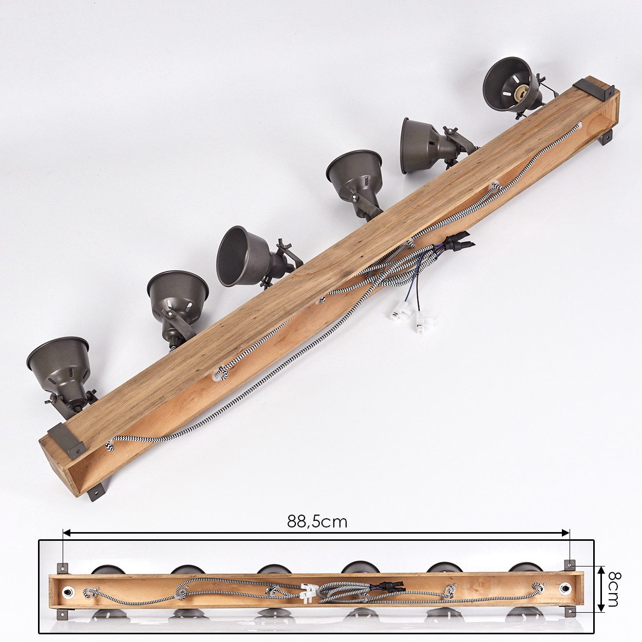 hofstein Deckenleuchte Deckenlampe aus Metall/Holz in Grau/Naturfarben, ohne Leuchtmittel, Deckenleuchte im Industrial/Retro/Vintage-Design m. Holzbalken, 6xGU1 – Bild 5 von 5