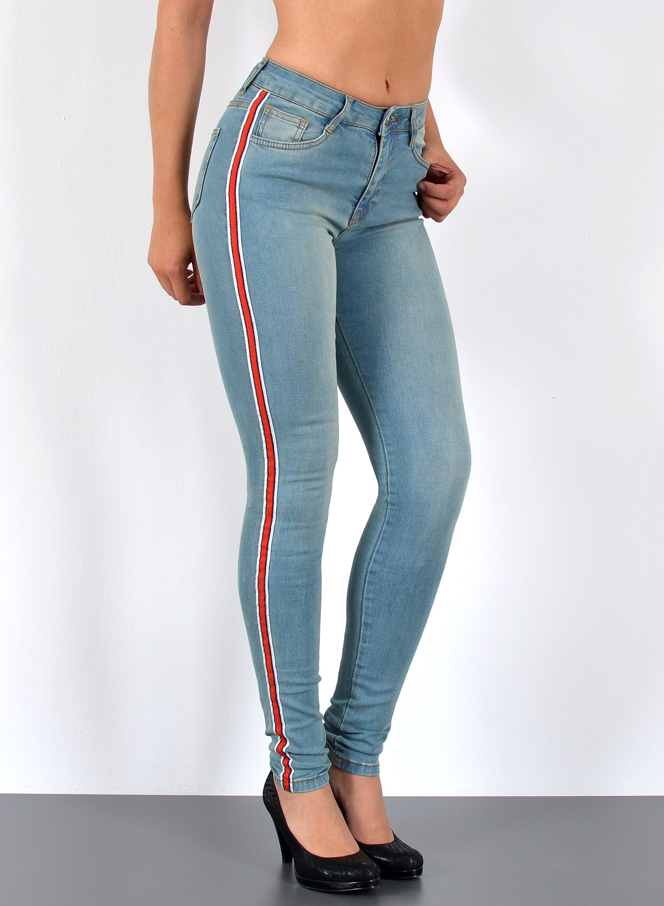 ESRA Skinny-fit-Jeans Damen High Waist Skinny Jeans mit Streifen bis Große Größe J330 Skinny Jeans Damen High Waist mit Seitenstreifen Galonstreifen Hose
