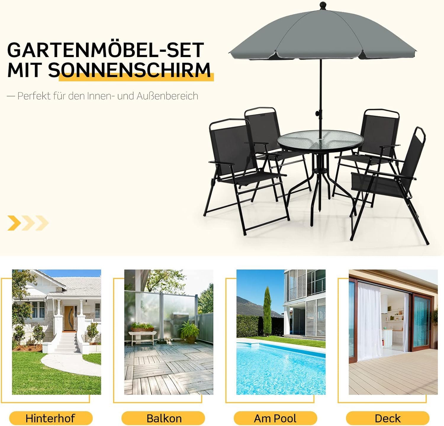 KOMFOTTEU Balkonset Gartenmöbel Set, 4 Gartenstühle mit Tisch aus Glas & Patio-Schirm