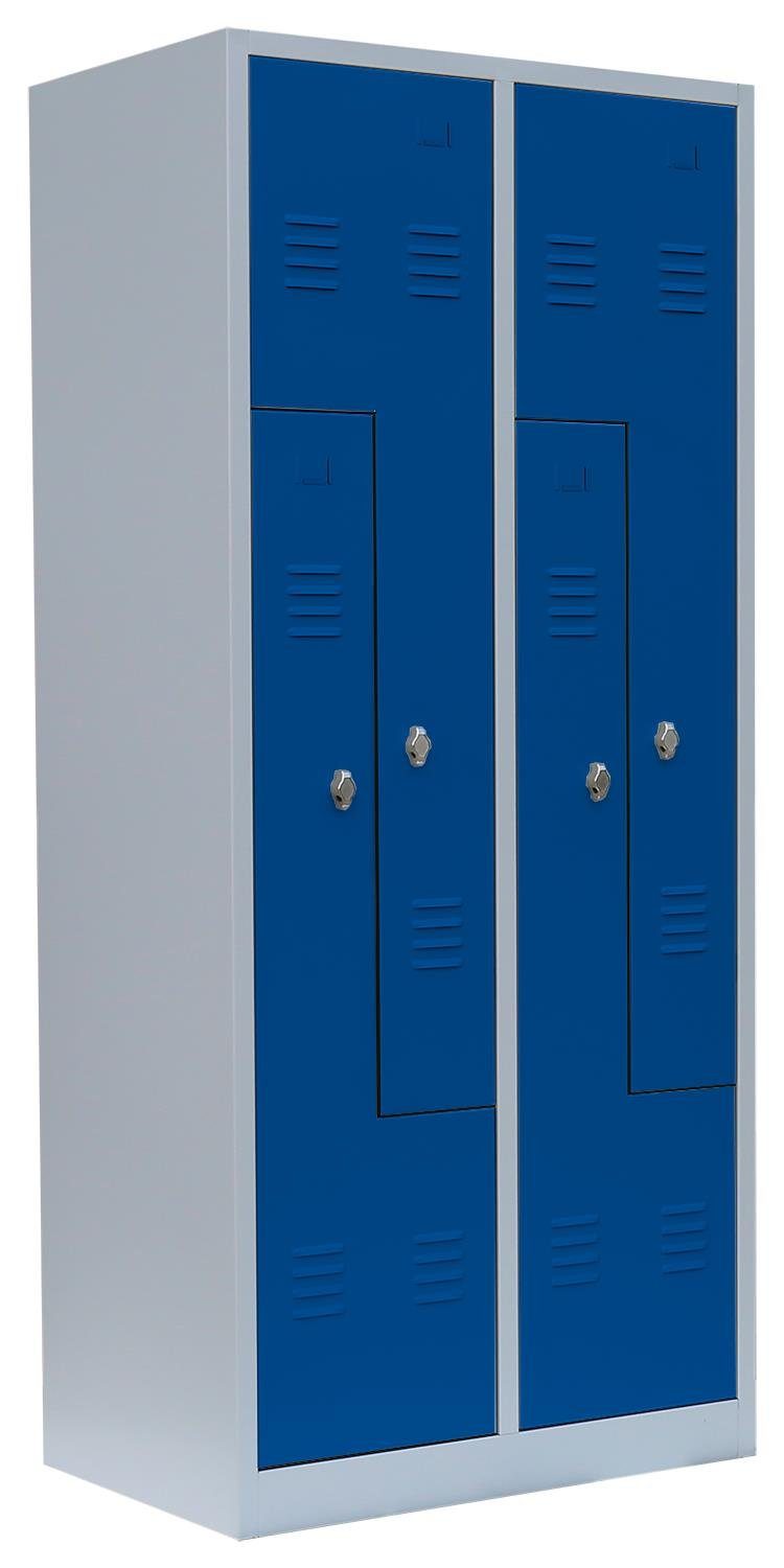 Steelboxx Spind Lüllmann® Z-Garderobenschrank, 4 Abteile, 1800 x 800 x 500 mm (1-St) Komplett verschweißt und montiert - keine Montage erforderlich Korpus: RAL 7035 Lichtgrau/ Türen: RAL 5010 Enzianblau