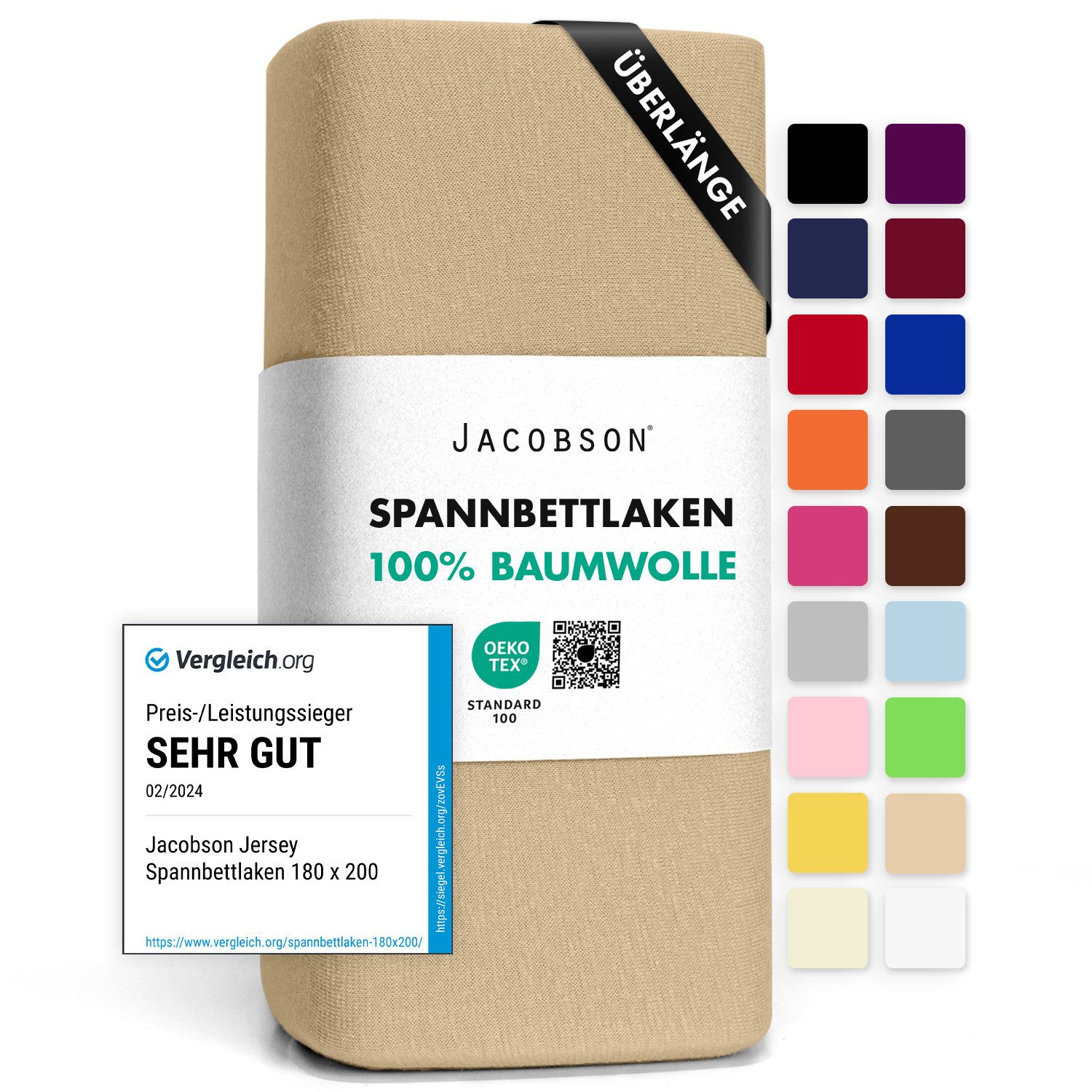 Jacobson Spannbettlaken BOXSPRING & ÜBERLÄNGE aus 100% Baumwolle, für hohe & lange Matratzen, Jersey Bettlaken 160 g/m²