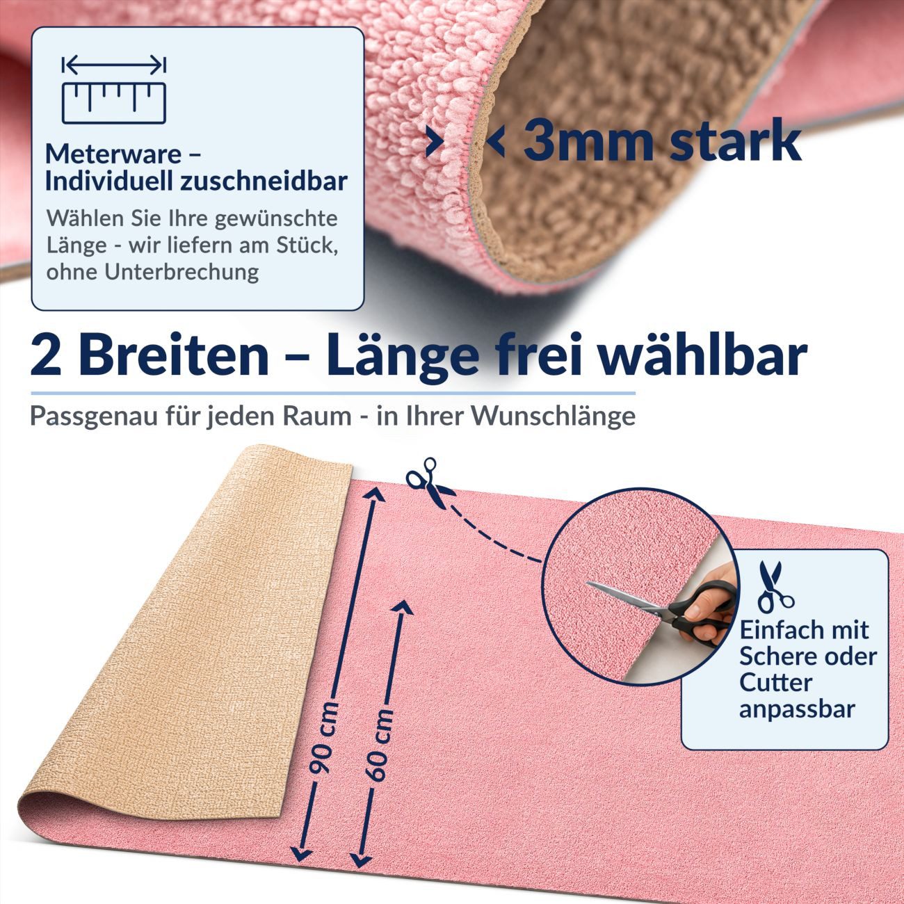 ANRO Küchenläufer HomeLoop Meterware Mikrofaser Küchenmatte rutschhemmender Rücken, Rechteckig, Höhe: 3 mm, saugstark zuschneidbar Größe: 100x60cm Einfarbig Rosa