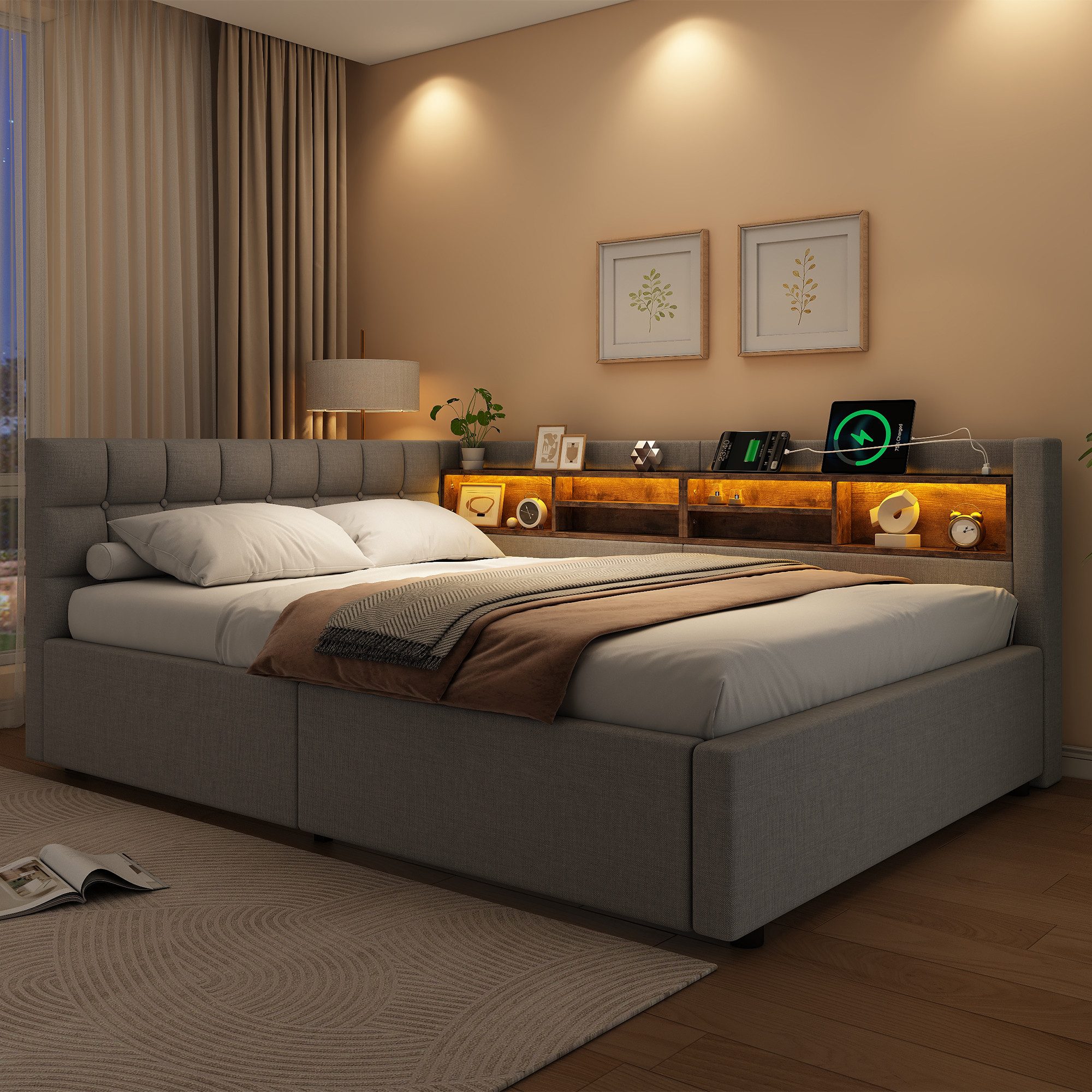 Merax Daybett mit LED-Beleuchtung & USB-Anschluss, Polsterbett mit Leinenbezug (Schlafsofa Jugendbett, 1 tlg), Tagesbett 140x200cm mit hydraulischem Stauraum &  – Bild 3 von 5