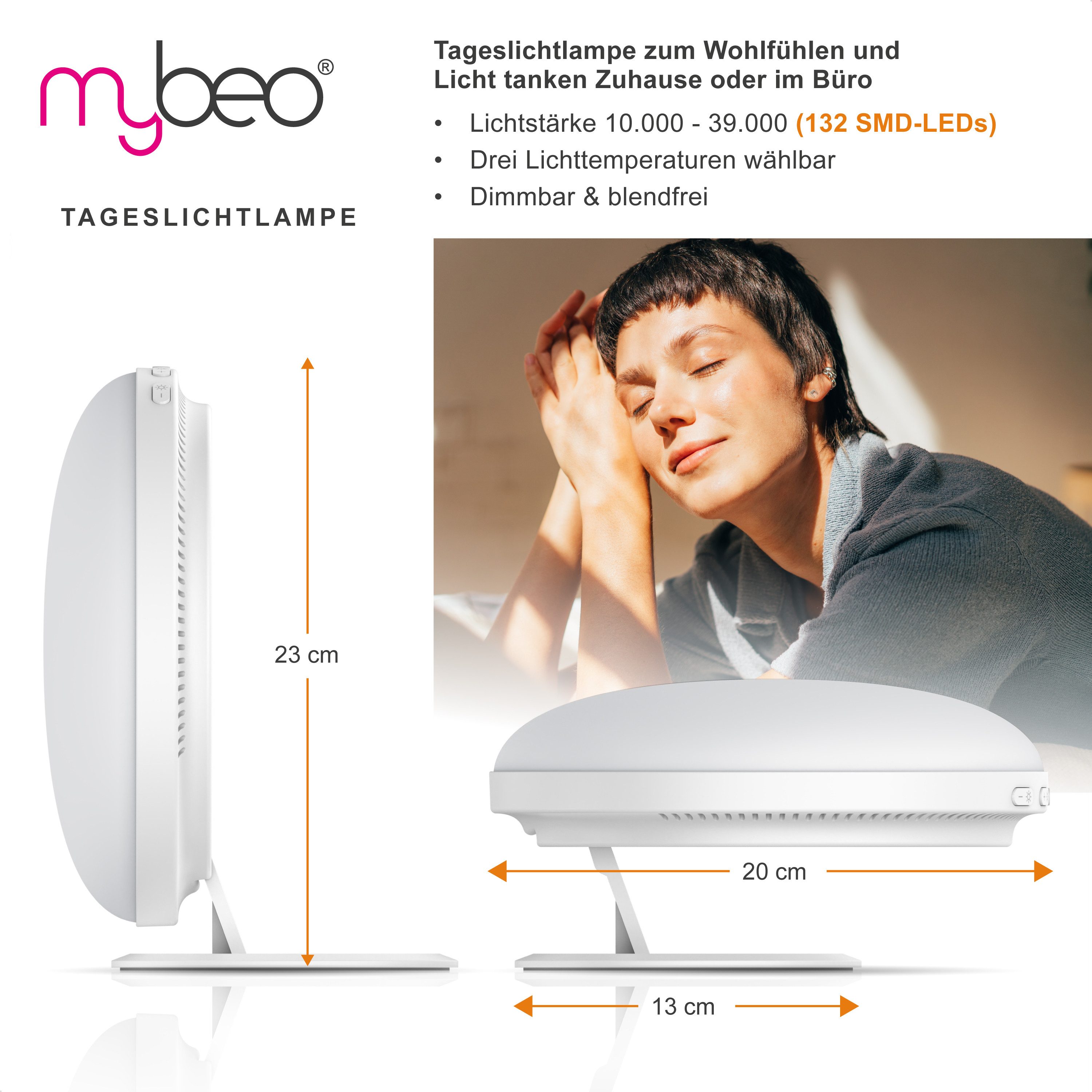 MyBeo Tageslichtlampe LED Lichttherapielampe, Tageslichtleuchte mit Standfuß, Lichtdusche, Dimmfunktion, verschiedene Lichtmodi, LED fest verbaut, Neutralweiß,  – Bild 2 von 5