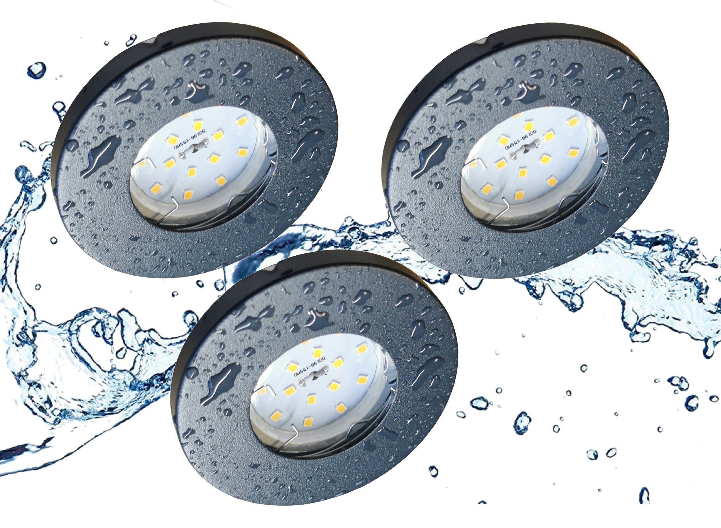 TRANGO LED Einbauleuchte, Dimmfunktion, 3er Set IP65 LED Einbaustrahler 6729IP65-031MOSD in Anthrazit matt inkl. 3x 5 Watt 3-Stufen dimmbar 3000K warmweiß Ultra Flach LED Modul Dusche, Bad, Deckenstrahler, Deckenlampe