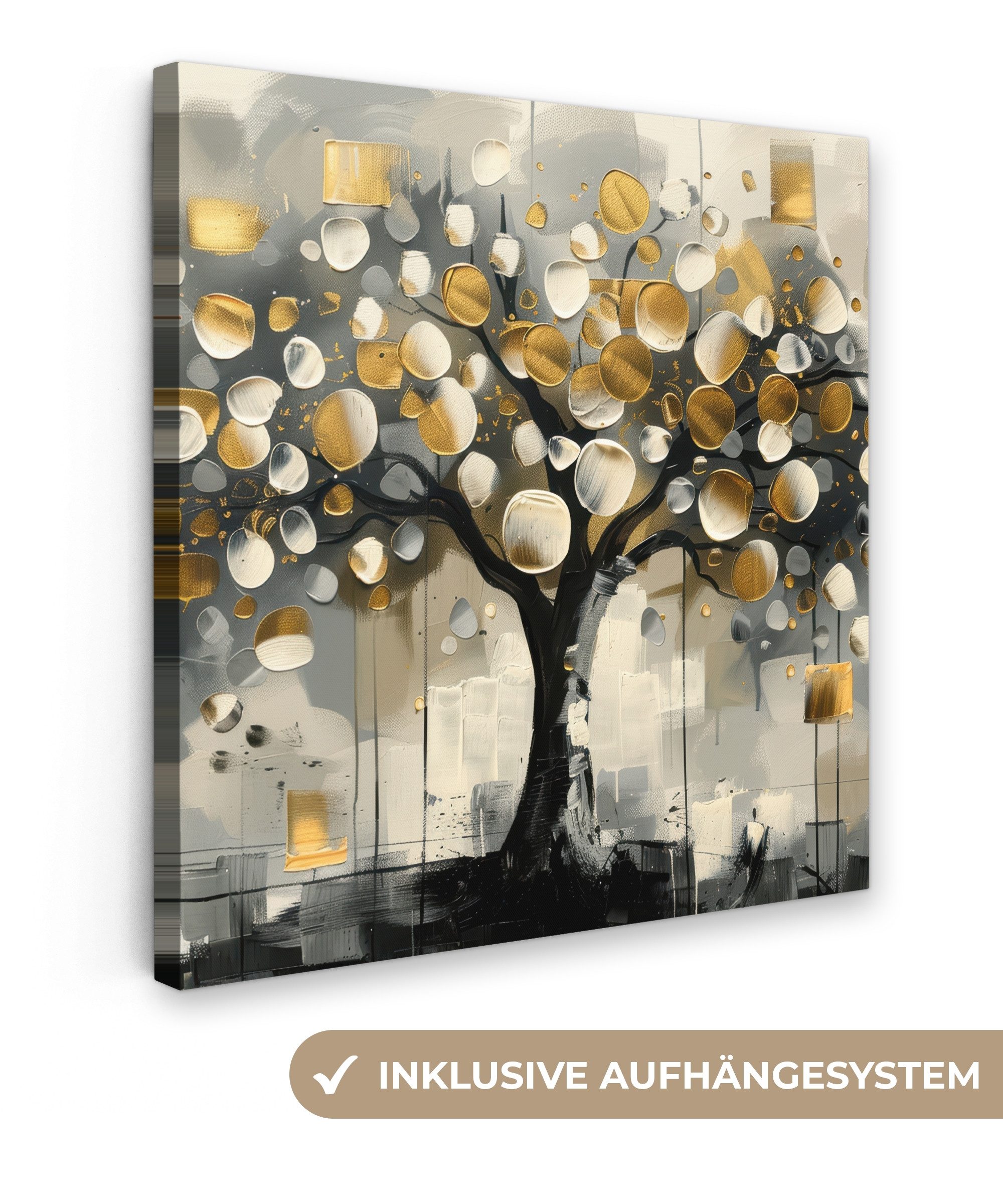 OneMillionCanvasses® Leinwandbild Baum - Abstrakt - Beige - Gold - Schwarz, Fotodruck (1 St), Wandbild, Deko Schlafzimmer Wohnzimmer Flur 20x20 cm