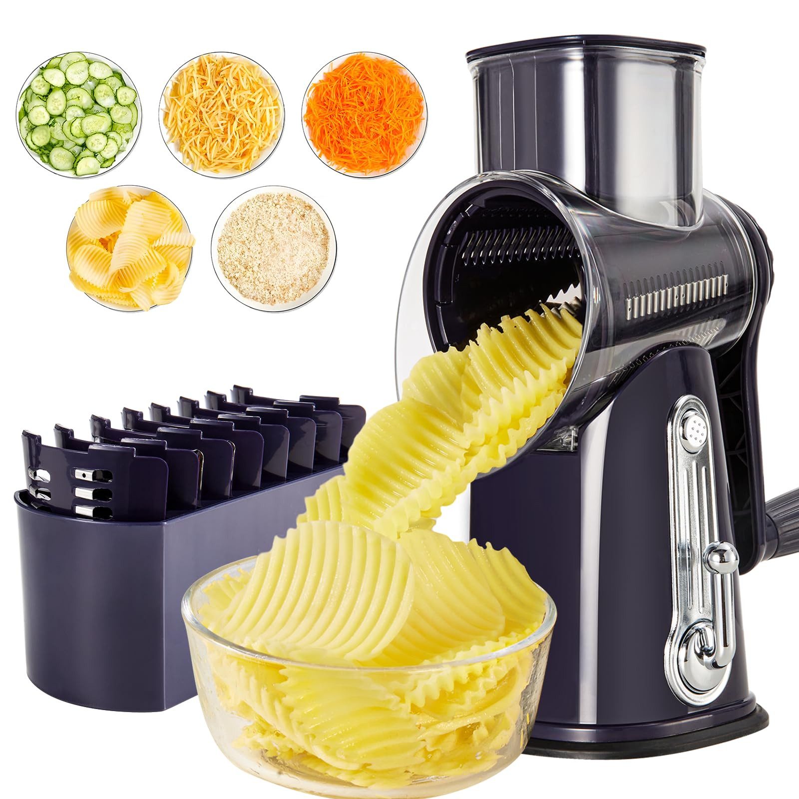 Rhein Beleuchtung Gemüsehobel 5-in-1 Rotationsreibe mit Kurbel & Saugnapf für Gemüse & Käse, (Multifunktionaler Küchenhelfer, sicher & leicht zu reinigen), 5 auswechselbare Edelstahlklingen, rutschfester Standfuß