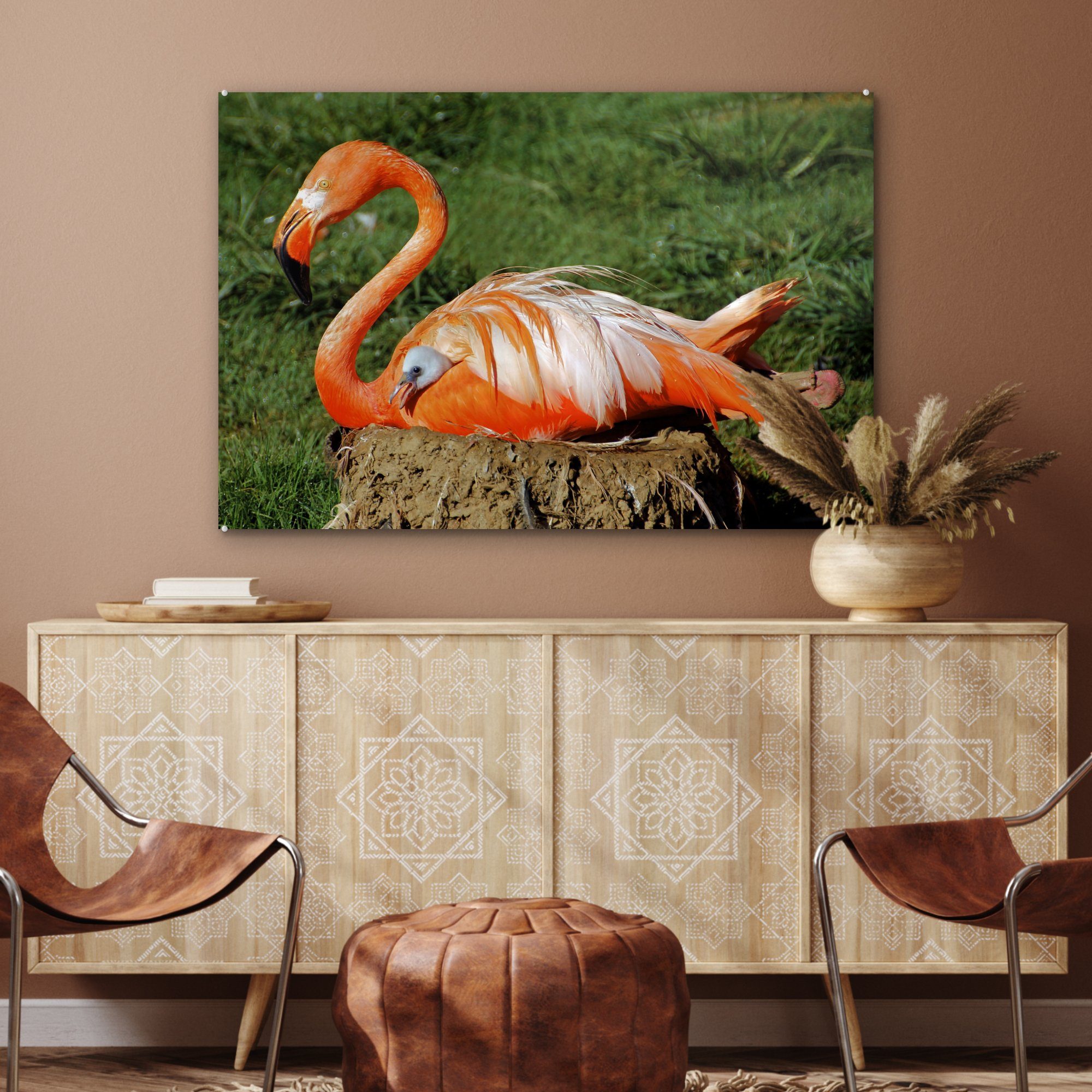 Flamingo unter Schlafzimmer St), MuchoWow Acrylglasbild Flügeln, beschützt ihr Acrylglasbilder (1 ihren & Küken Wohnzimmer