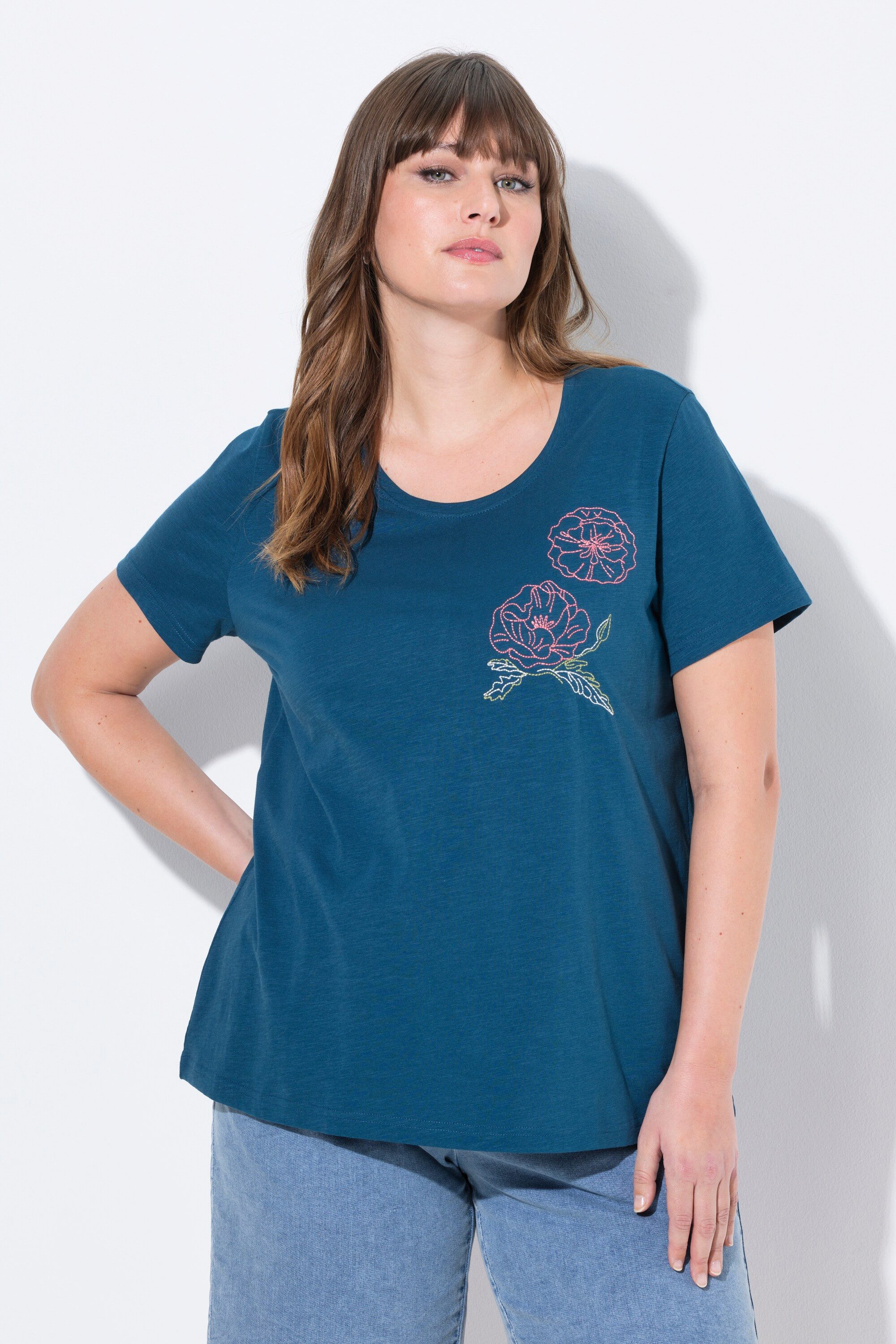 Ulla Popken T-Shirt T-Shirt Mohn-Stickerei Rundhals günstig online kaufen