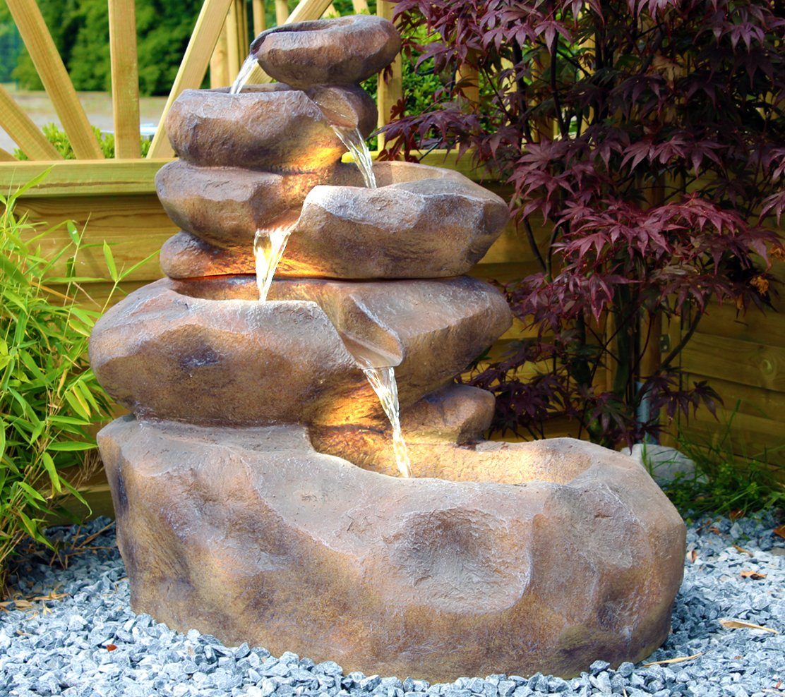 Arnusa Waterfall Garden Fountain SB109 Large Cascade in Stone Look, (Complete Set, 2 pcs), Fountain with LED Lighting