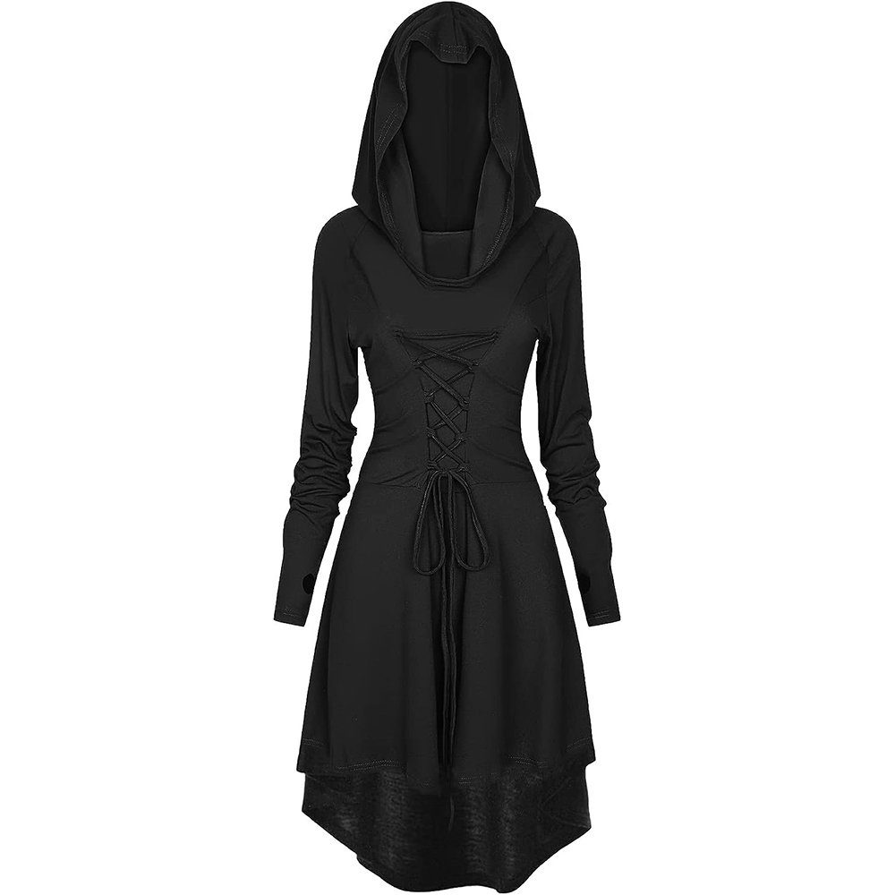 GelldG Halloween Kostüm, schwarz(96cm) Damen Kleidung, Sonnenhut Karneval Kapuze, Renaissance, mit