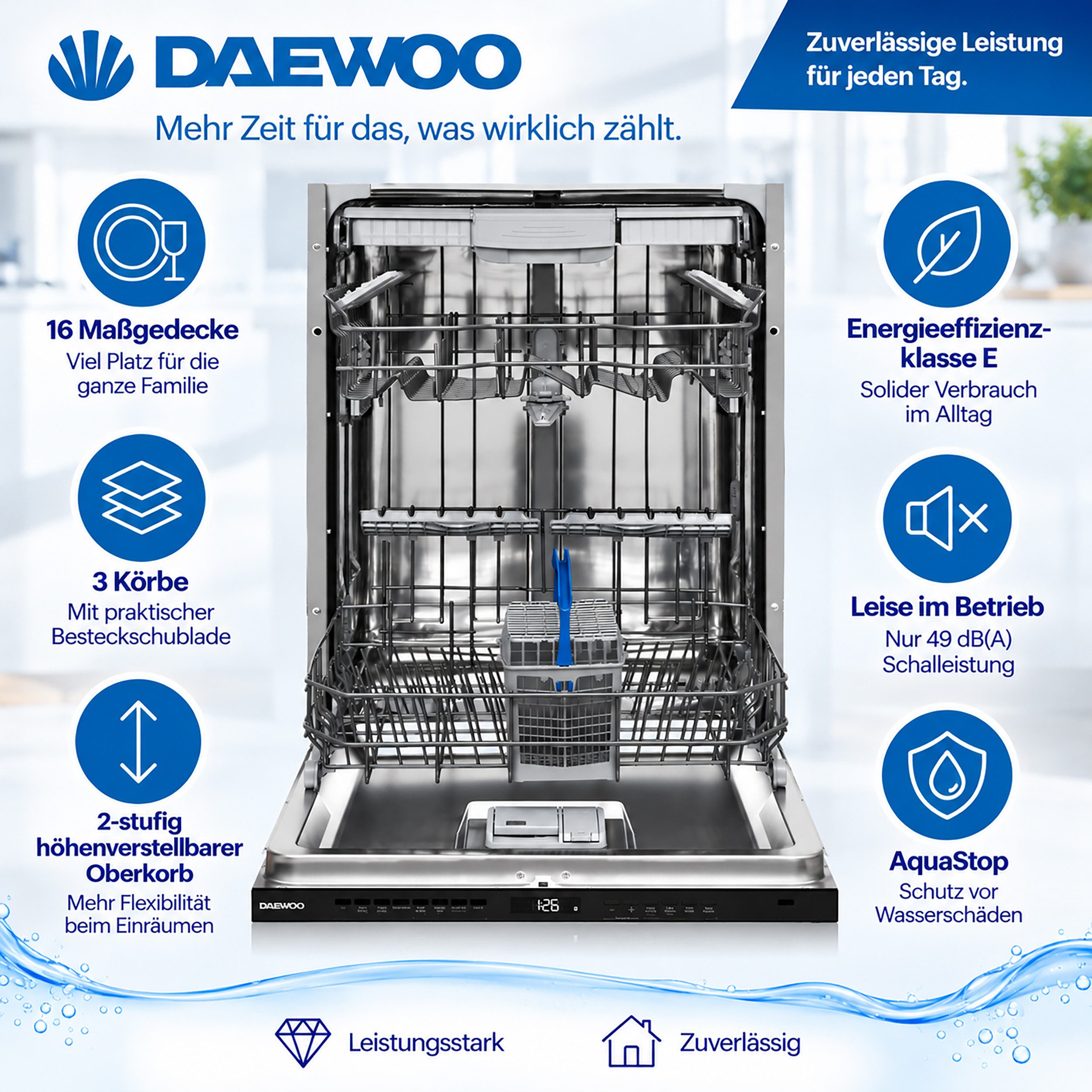 Daewoo vollintegrierbarer Geschirrspüler DBFS33N49E61-DE, 9 l, 16 Maßgedecke, Einbau Spülmaschine vollintegriert 60 cm, 9 Programme, AquaStop, 49 dB – Bild 5 von 5
